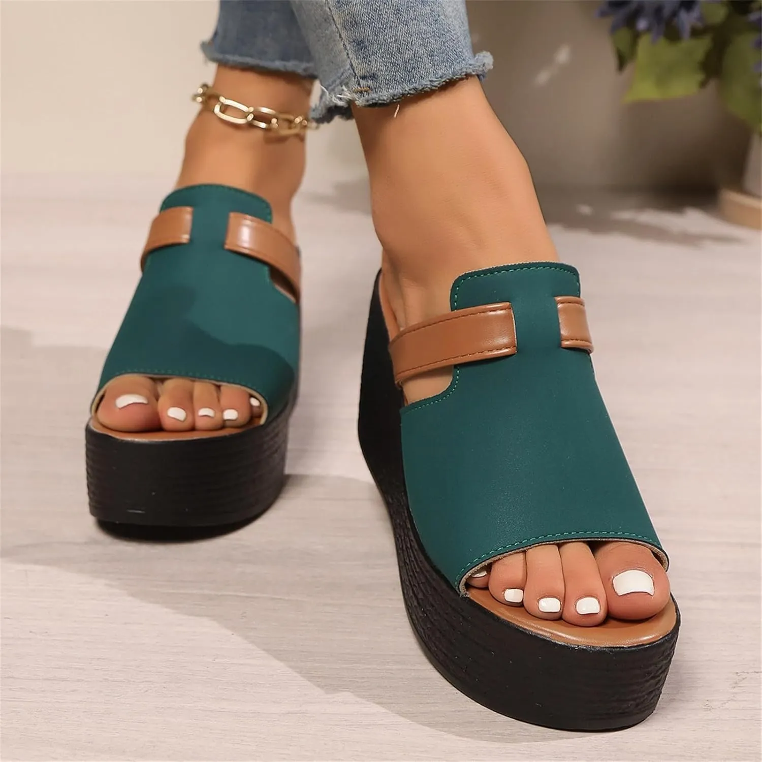 Platform Slides for Women Pu Leather Open Toe Wedge Slide Sandals Trendy Summer Chunky Slip On Vacation Beach Shoes
