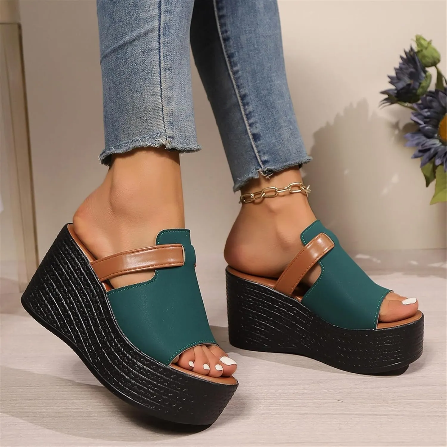 Platform Slides for Women Pu Leather Open Toe Wedge Slide Sandals Trendy Summer Chunky Slip On Vacation Beach Shoes