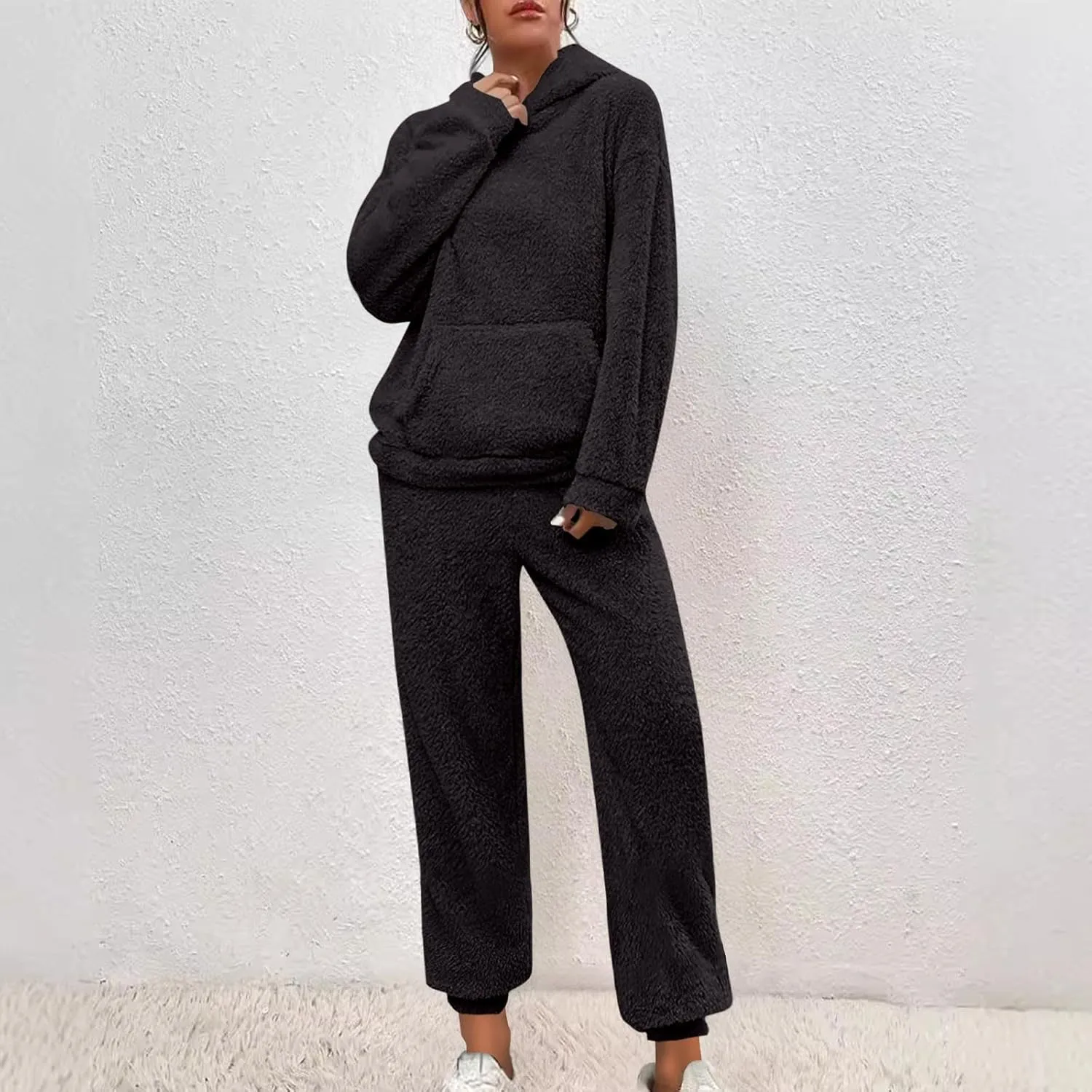Plus Size 2 Piece Sets Women Long Sleeve Pajama Set Hooded Sweatshirt and Elastic Solid Pants Fuzzy Lounge Set