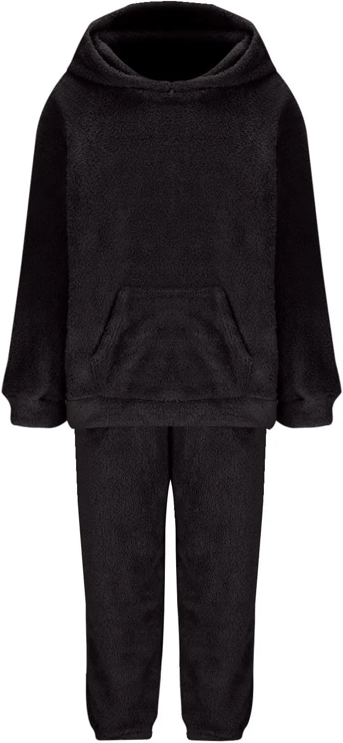 Plus Size 2 Piece Sets Women Long Sleeve Pajama Set Hooded Sweatshirt and Elastic Solid Pants Fuzzy Lounge Set