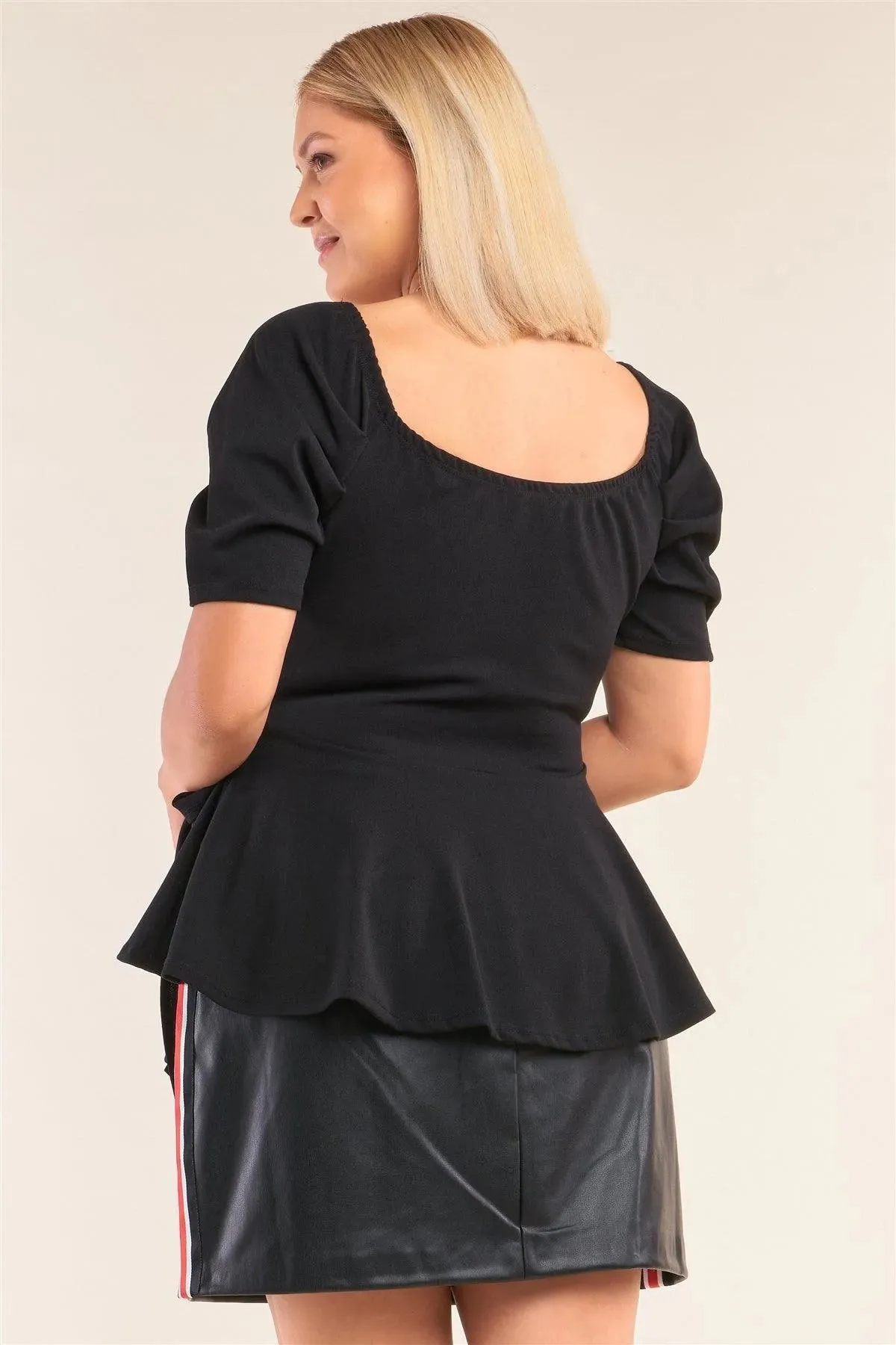 Plus Size Black V-Neck Pleated Wrap Flared Hem Top
