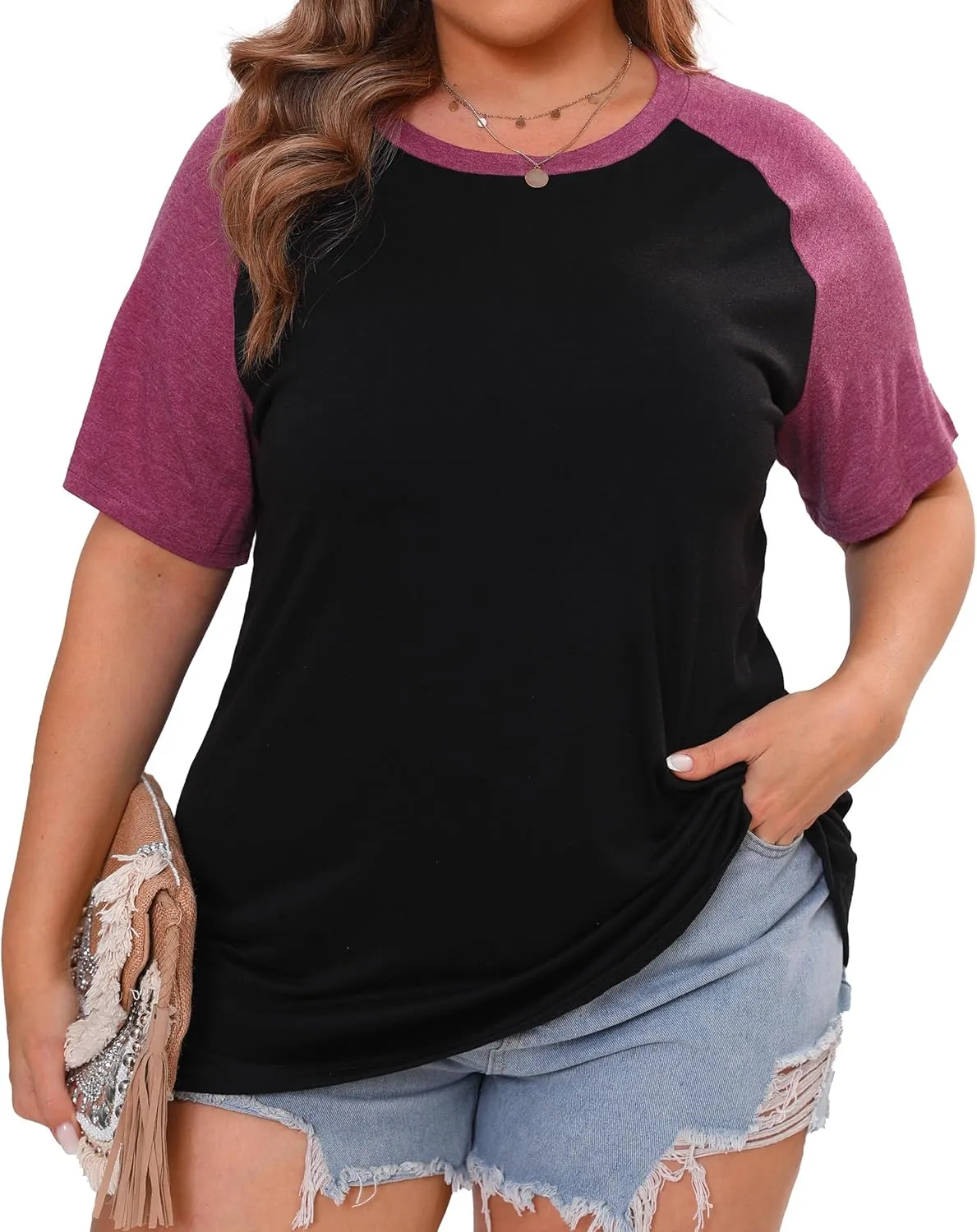 Plus Size Color Block Short Sleeve Shirts Women Raglan Tshirts Casual Summer Tops