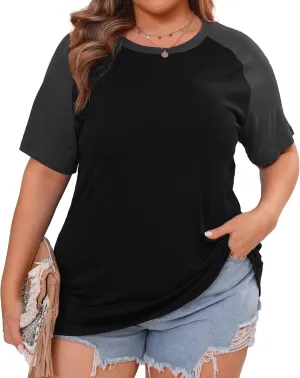 Plus Size Color Block Short Sleeve Shirts Women Raglan Tshirts Casual Summer Tops