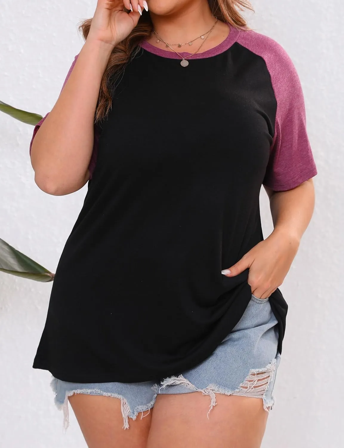 Plus Size Color Block Short Sleeve Shirts Women Raglan Tshirts Casual Summer Tops