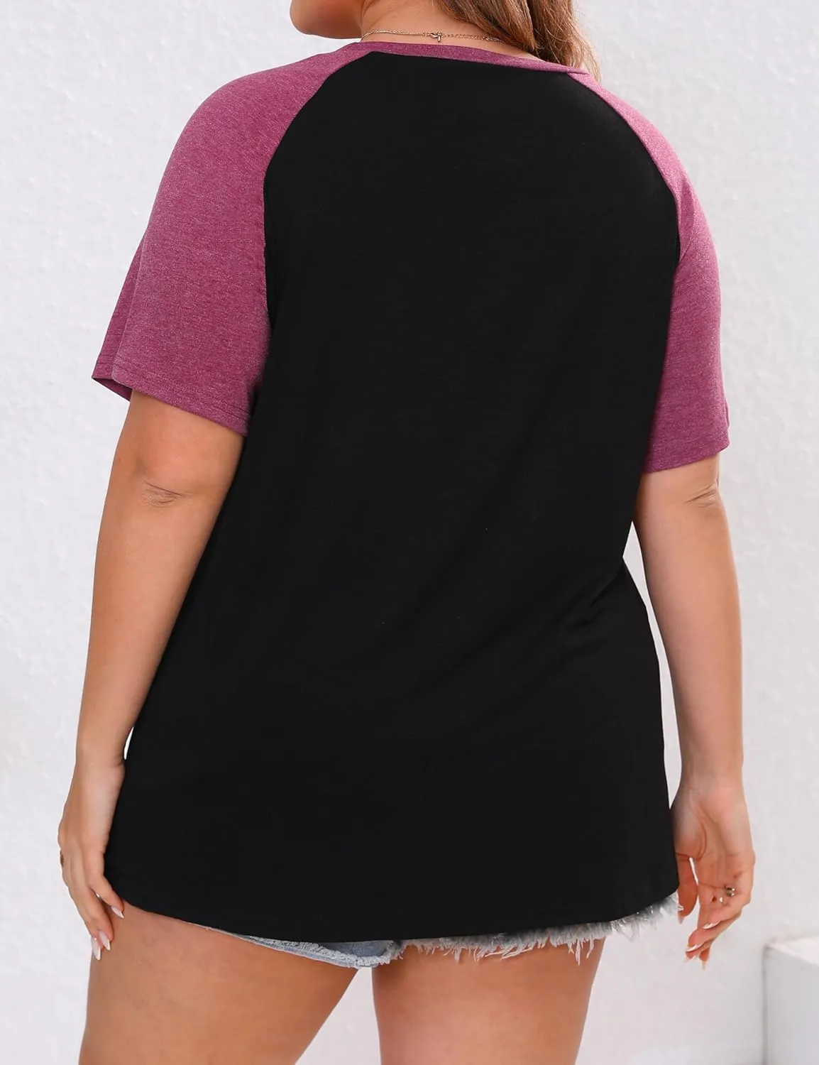 Plus Size Color Block Short Sleeve Shirts Women Raglan Tshirts Casual Summer Tops
