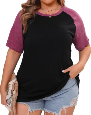 Plus Size Color Block Short Sleeve Shirts Women Raglan Tshirts Casual Summer Tops