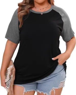 Plus Size Color Block Short Sleeve Shirts Women Raglan Tshirts Casual Summer Tops
