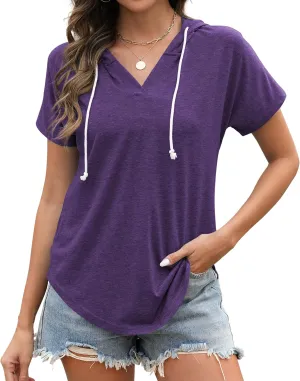Poetsky Womens V Neck Long Short Sleeve Shirts Drawstring Hoodies Lightweight Pullover Tops