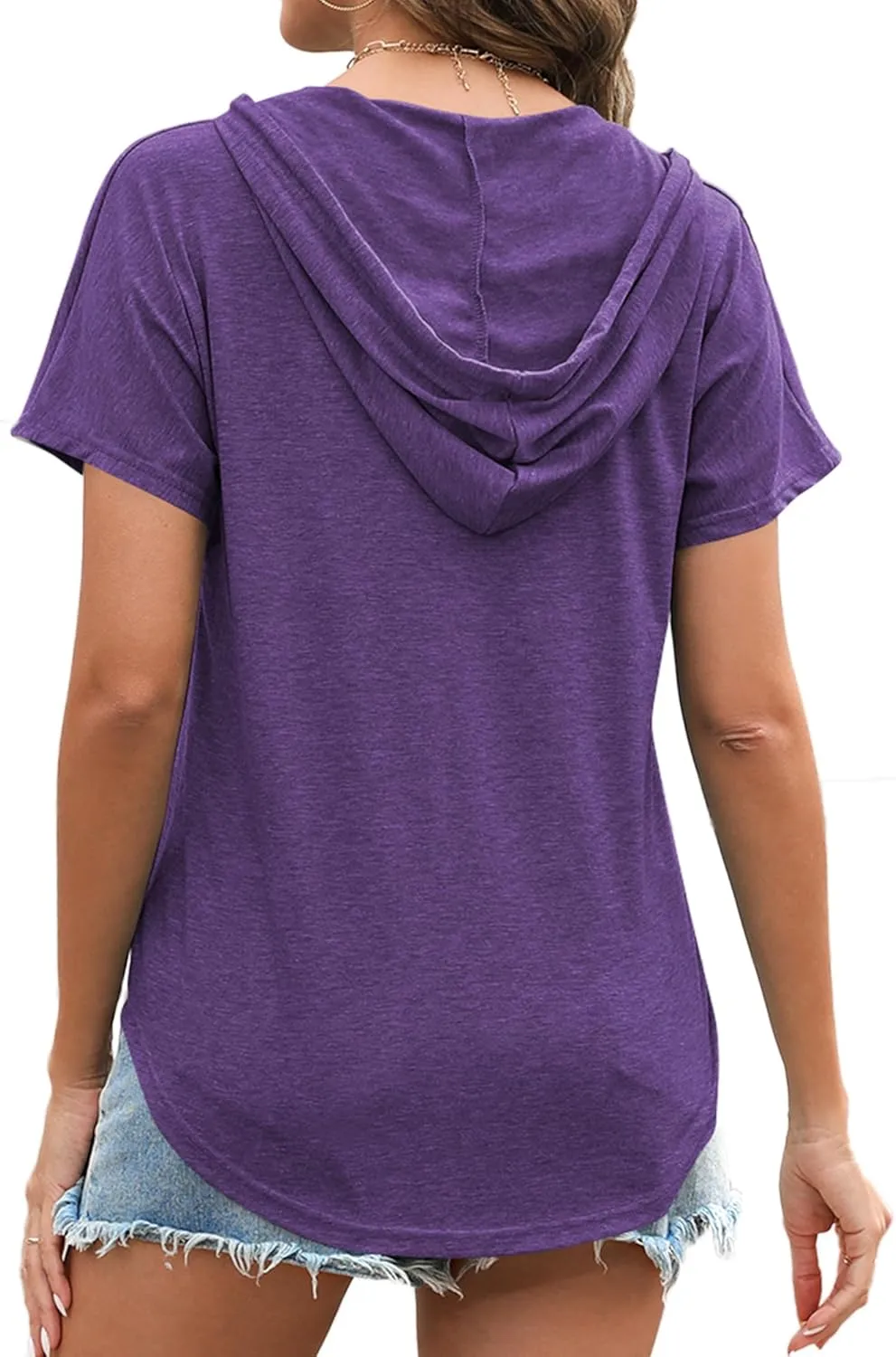 Poetsky Womens V Neck Long Short Sleeve Shirts Drawstring Hoodies Lightweight Pullover Tops