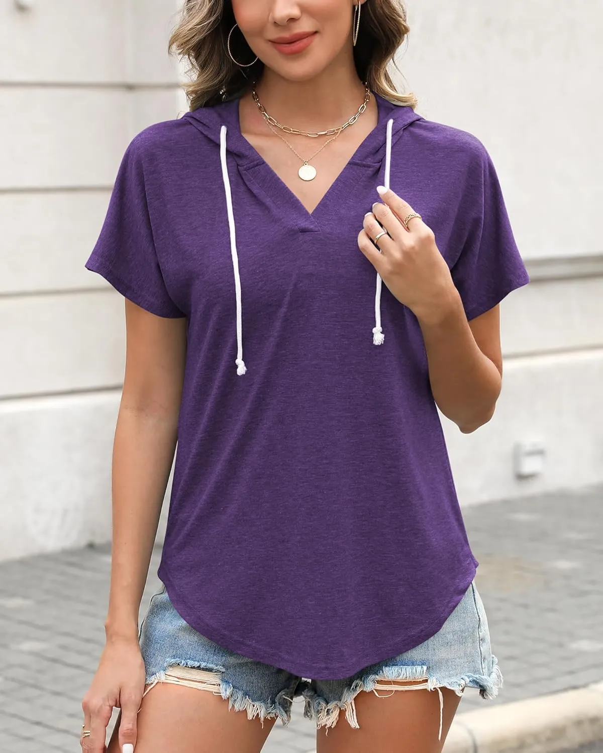 Poetsky Womens V Neck Long Short Sleeve Shirts Drawstring Hoodies Lightweight Pullover Tops