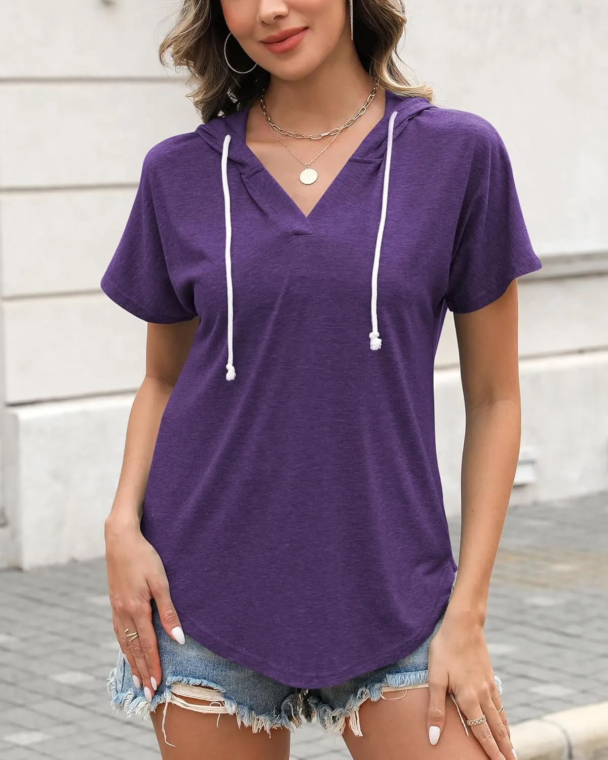 Poetsky Womens V Neck Long Short Sleeve Shirts Drawstring Hoodies Lightweight Pullover Tops