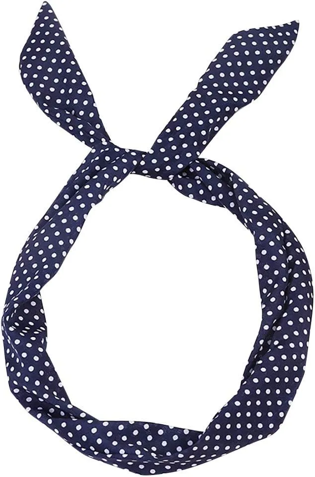 Polka Dot Print Headband for Women Paisley Bow Hair Bands Boho Knotted Tie Sweat Wicking Head Wraps (Navy-C, One Size)