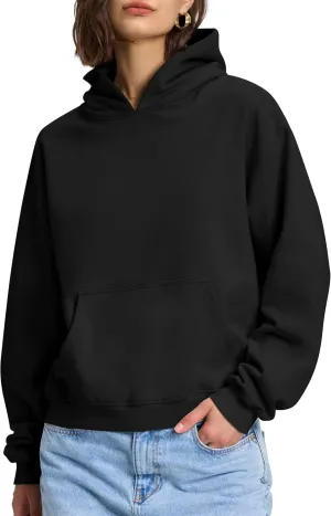 PrettyGuide Women's Oversized Hoodie Fleece Cropped Sweatshirt Long Sleeve Lightweight Pullover with Pocket