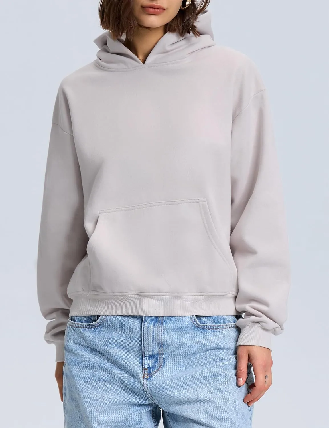 PrettyGuide Women's Oversized Hoodie Fleece Cropped Sweatshirt Long Sleeve Lightweight Pullover with Pocket