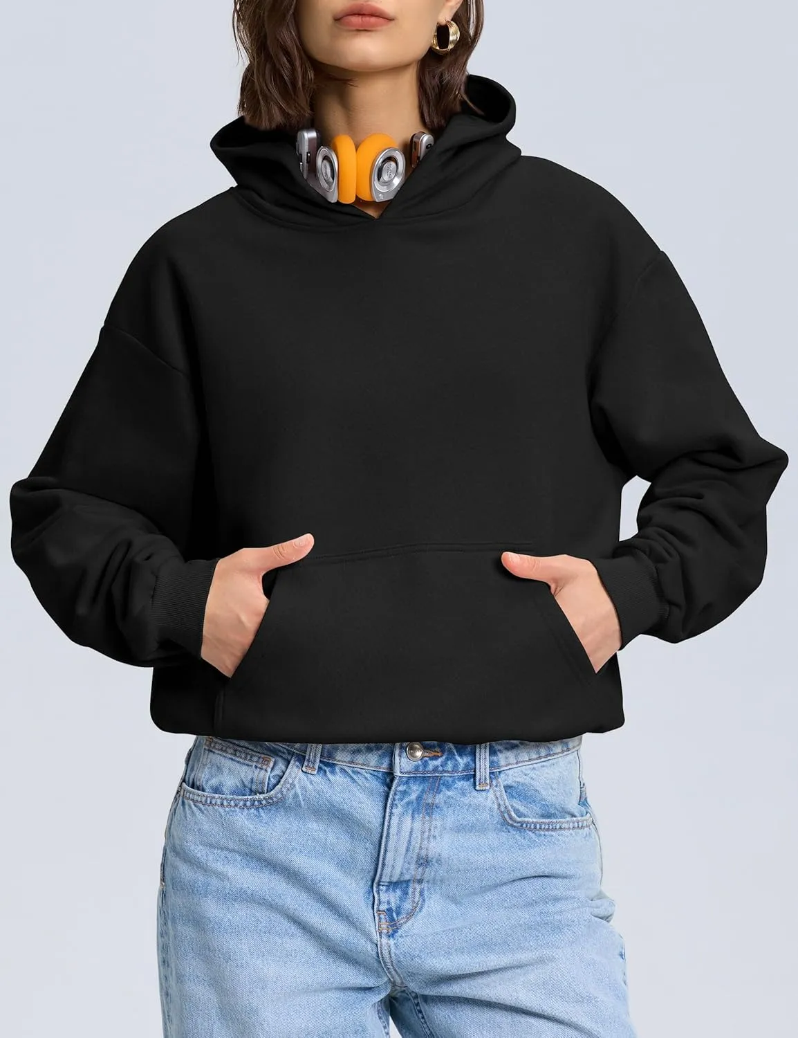 PrettyGuide Women's Oversized Hoodie Fleece Cropped Sweatshirt Long Sleeve Lightweight Pullover with Pocket