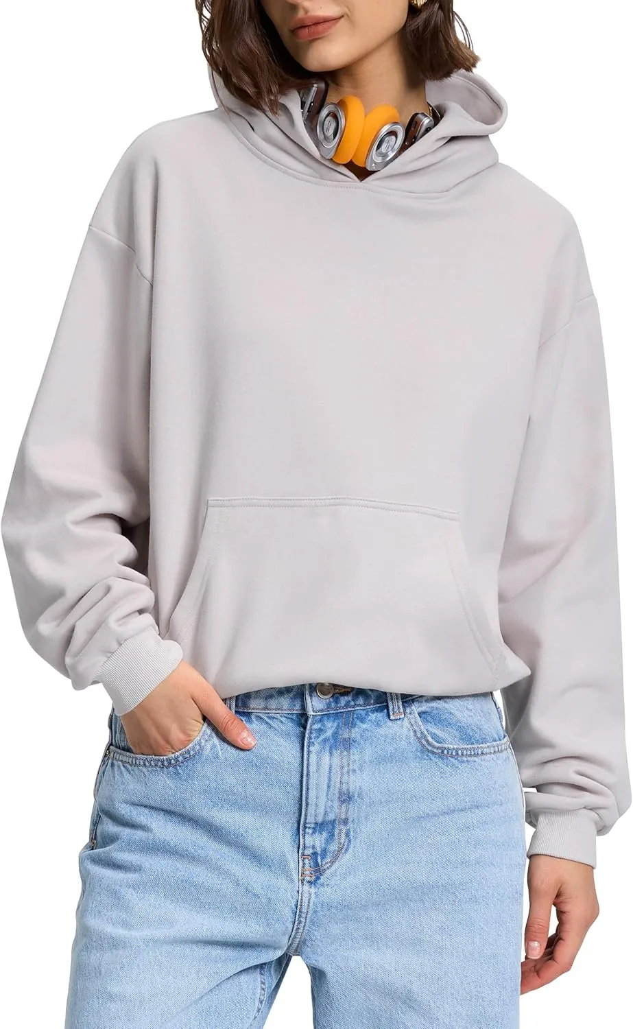PrettyGuide Women's Oversized Hoodie Fleece Cropped Sweatshirt Long Sleeve Lightweight Pullover with Pocket