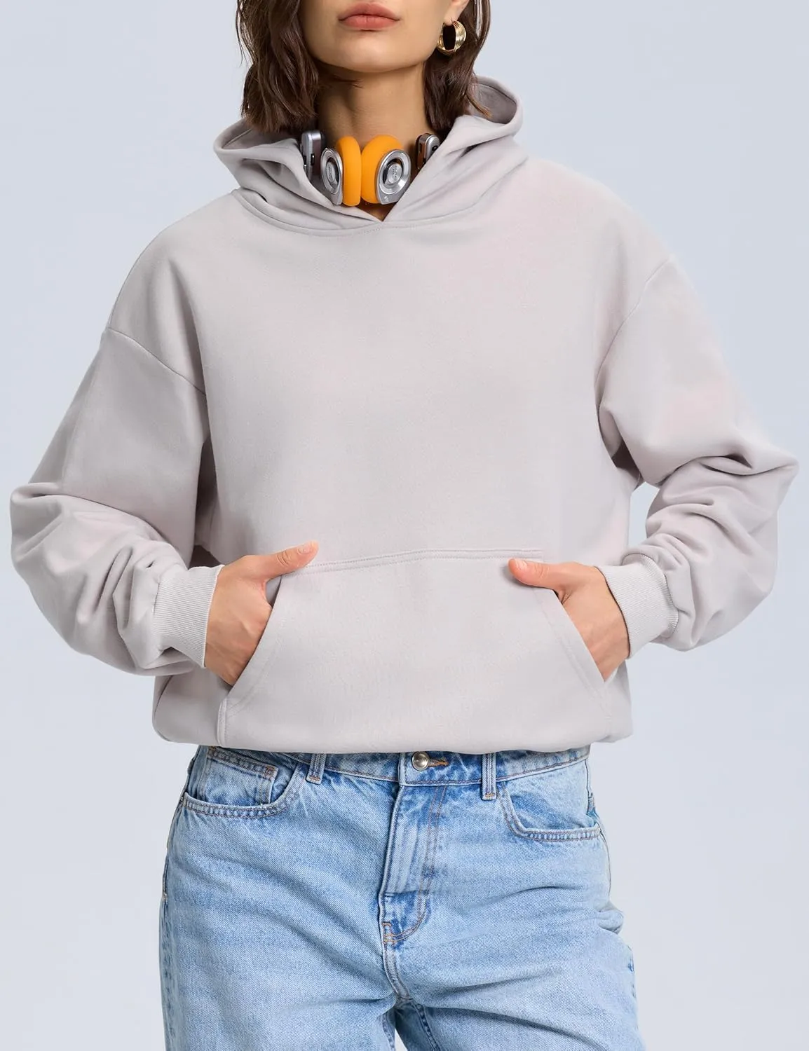 PrettyGuide Women's Oversized Hoodie Fleece Cropped Sweatshirt Long Sleeve Lightweight Pullover with Pocket