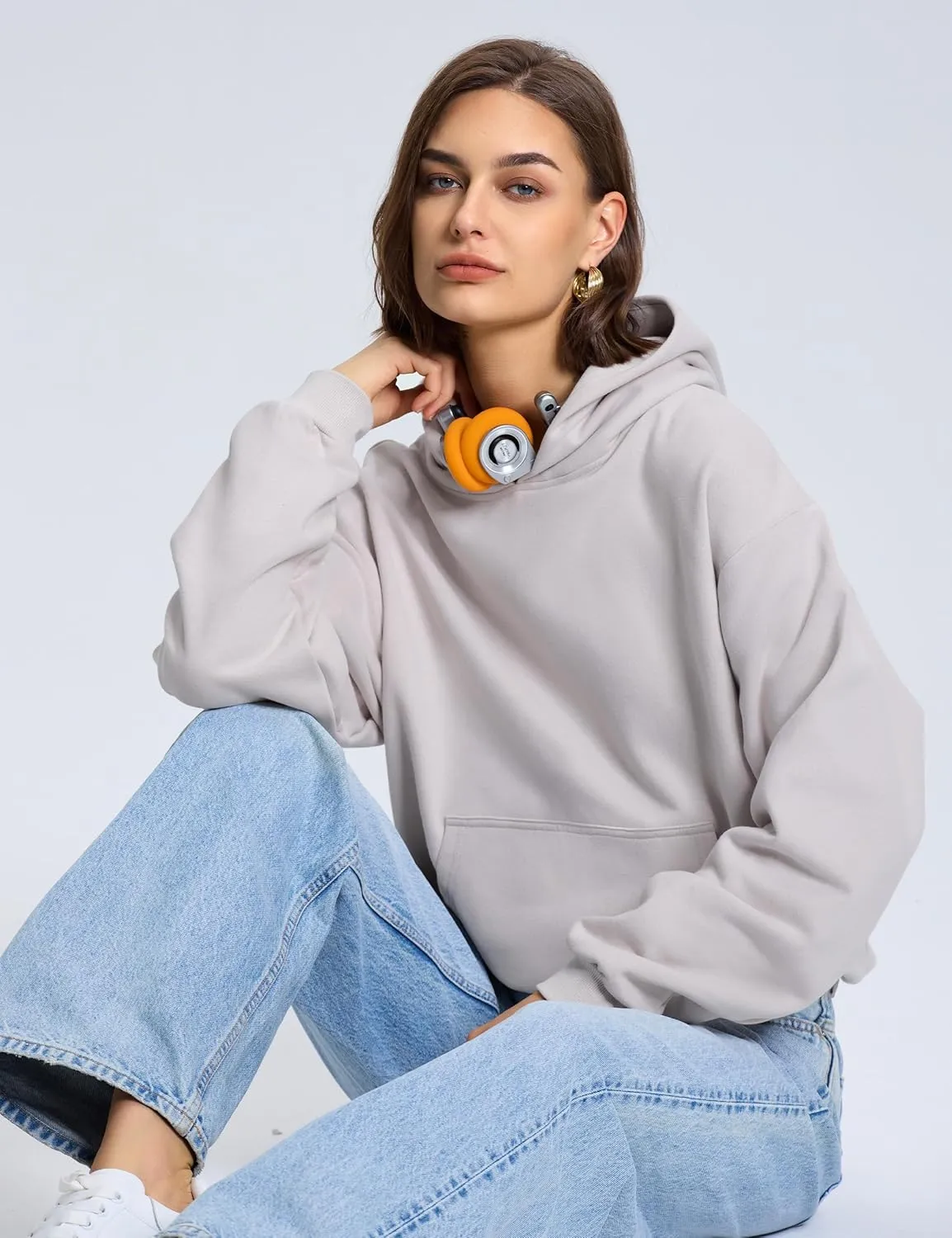 PrettyGuide Women's Oversized Hoodie Fleece Cropped Sweatshirt Long Sleeve Lightweight Pullover with Pocket