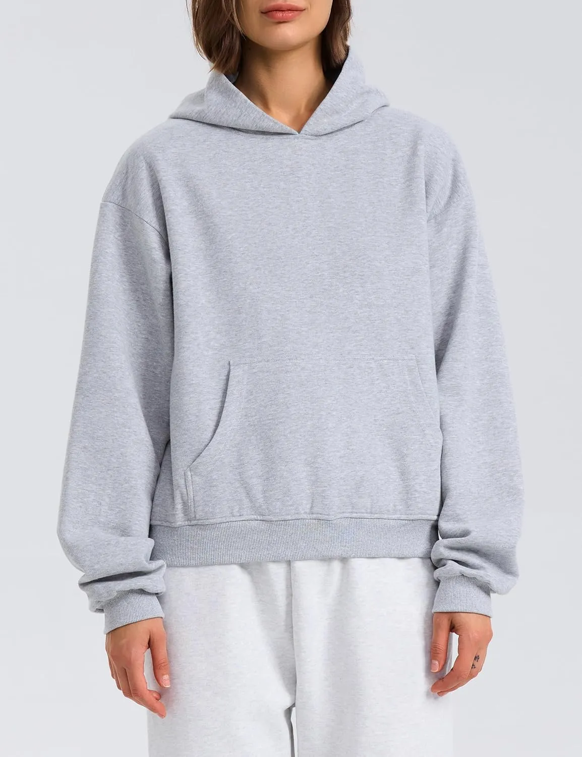 PrettyGuide Women's Oversized Hoodie Fleece Cropped Sweatshirt Long Sleeve Lightweight Pullover with Pocket