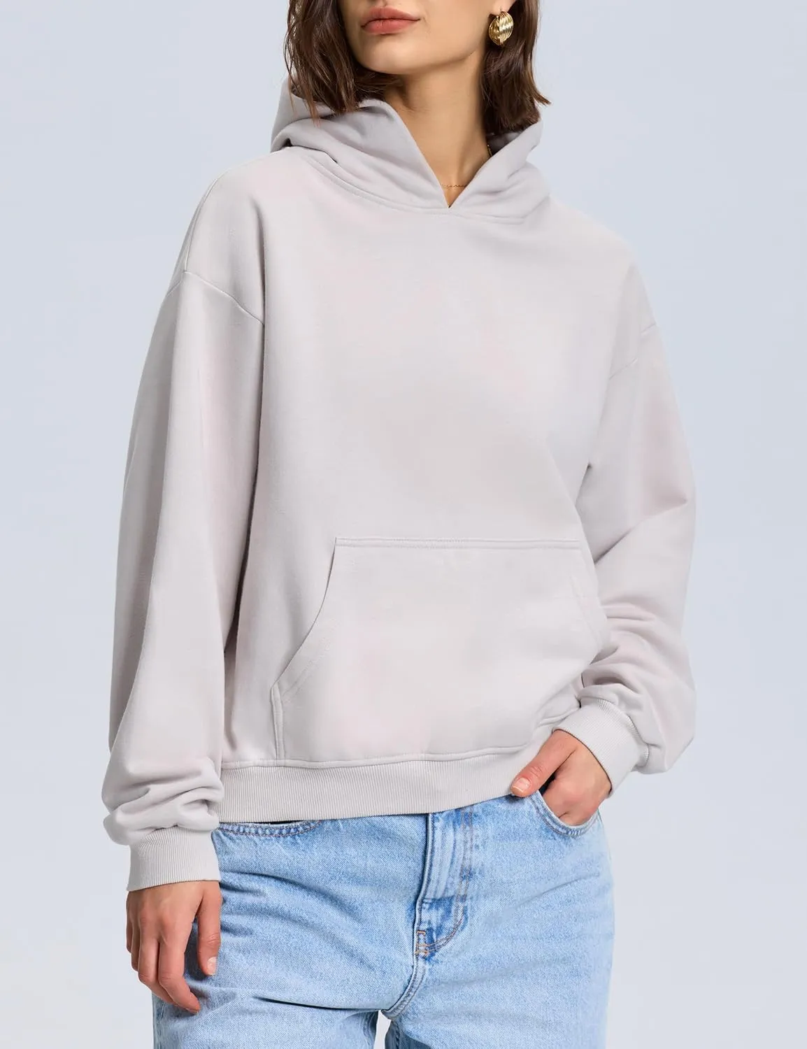 PrettyGuide Women's Oversized Hoodie Fleece Cropped Sweatshirt Long Sleeve Lightweight Pullover with Pocket