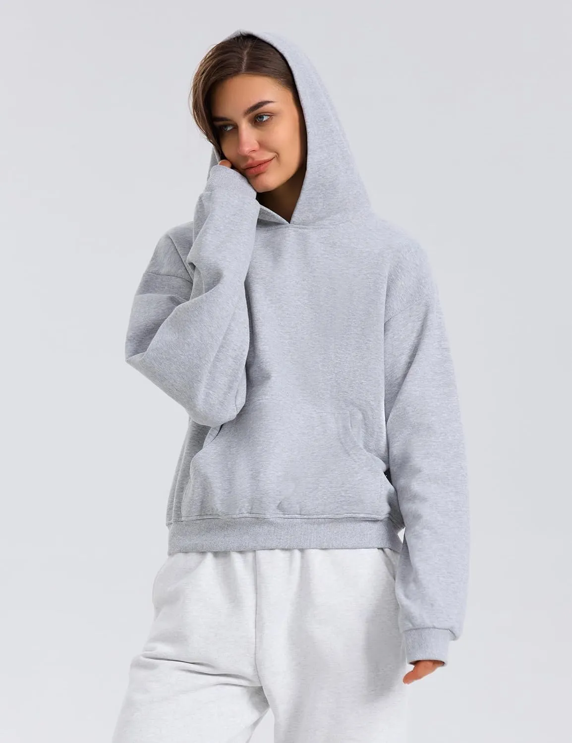 PrettyGuide Women's Oversized Hoodie Fleece Cropped Sweatshirt Long Sleeve Lightweight Pullover with Pocket