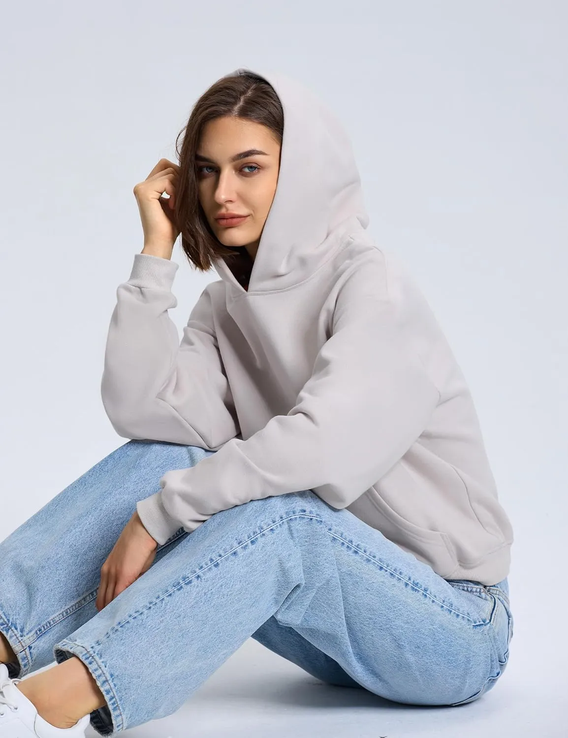PrettyGuide Women's Oversized Hoodie Fleece Cropped Sweatshirt Long Sleeve Lightweight Pullover with Pocket