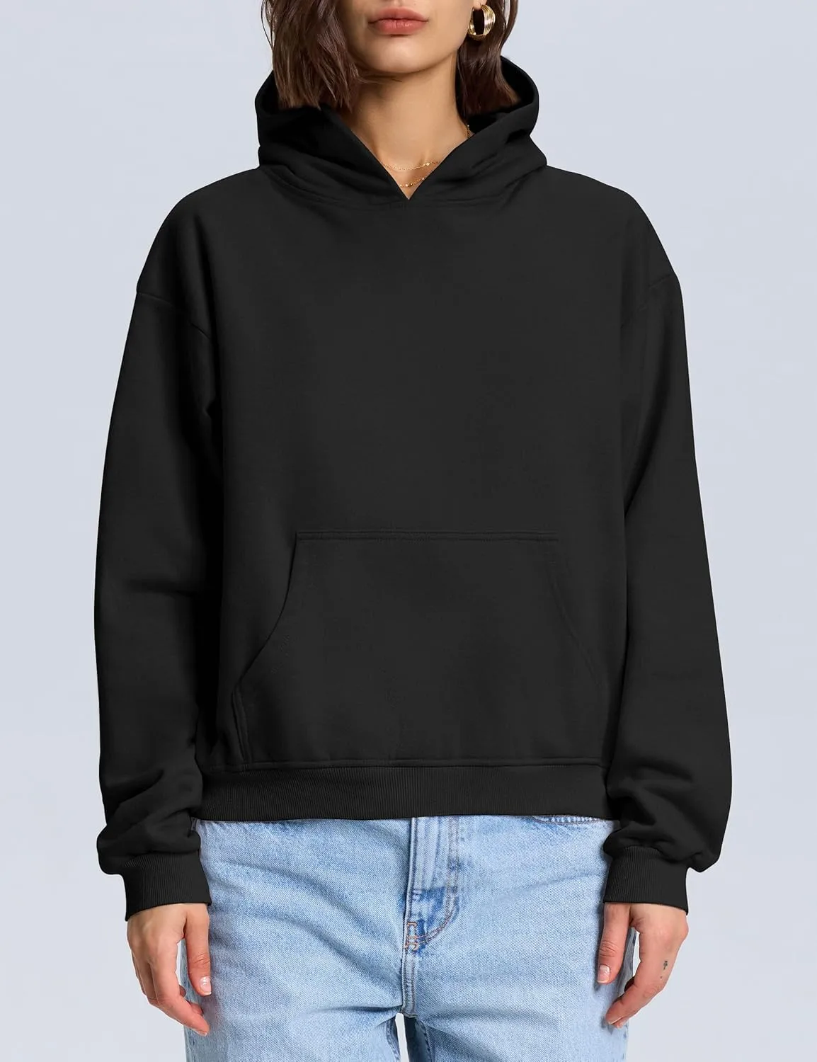 PrettyGuide Women's Oversized Hoodie Fleece Cropped Sweatshirt Long Sleeve Lightweight Pullover with Pocket