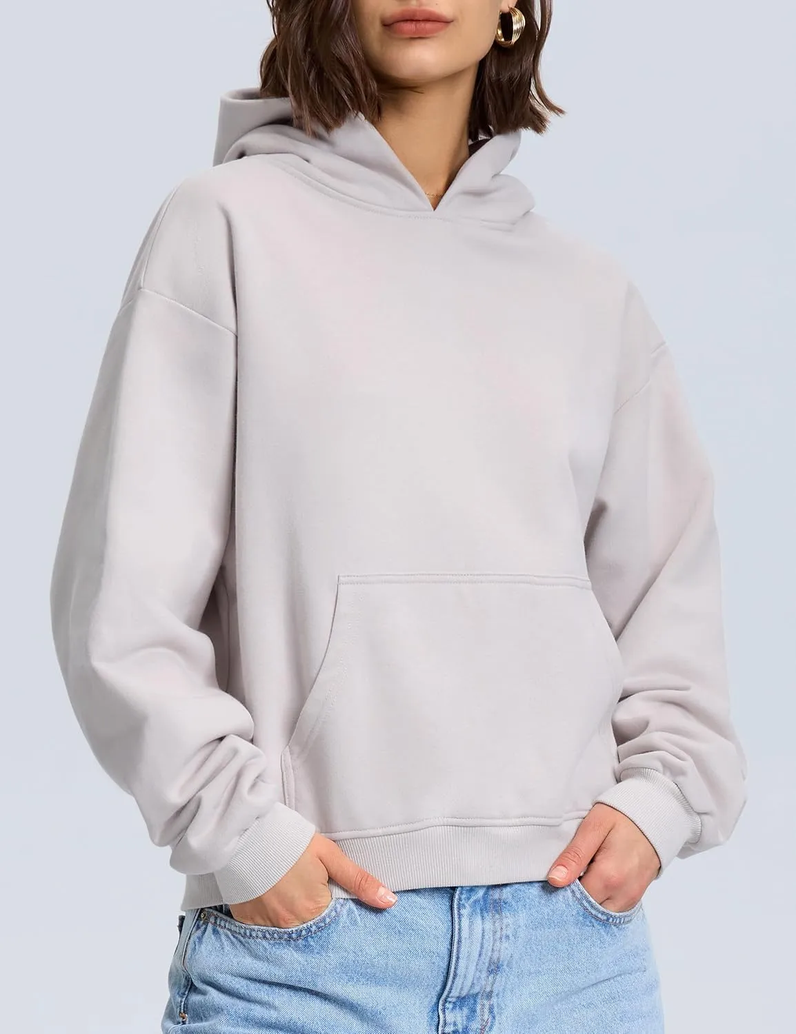 PrettyGuide Women's Oversized Hoodie Fleece Cropped Sweatshirt Long Sleeve Lightweight Pullover with Pocket
