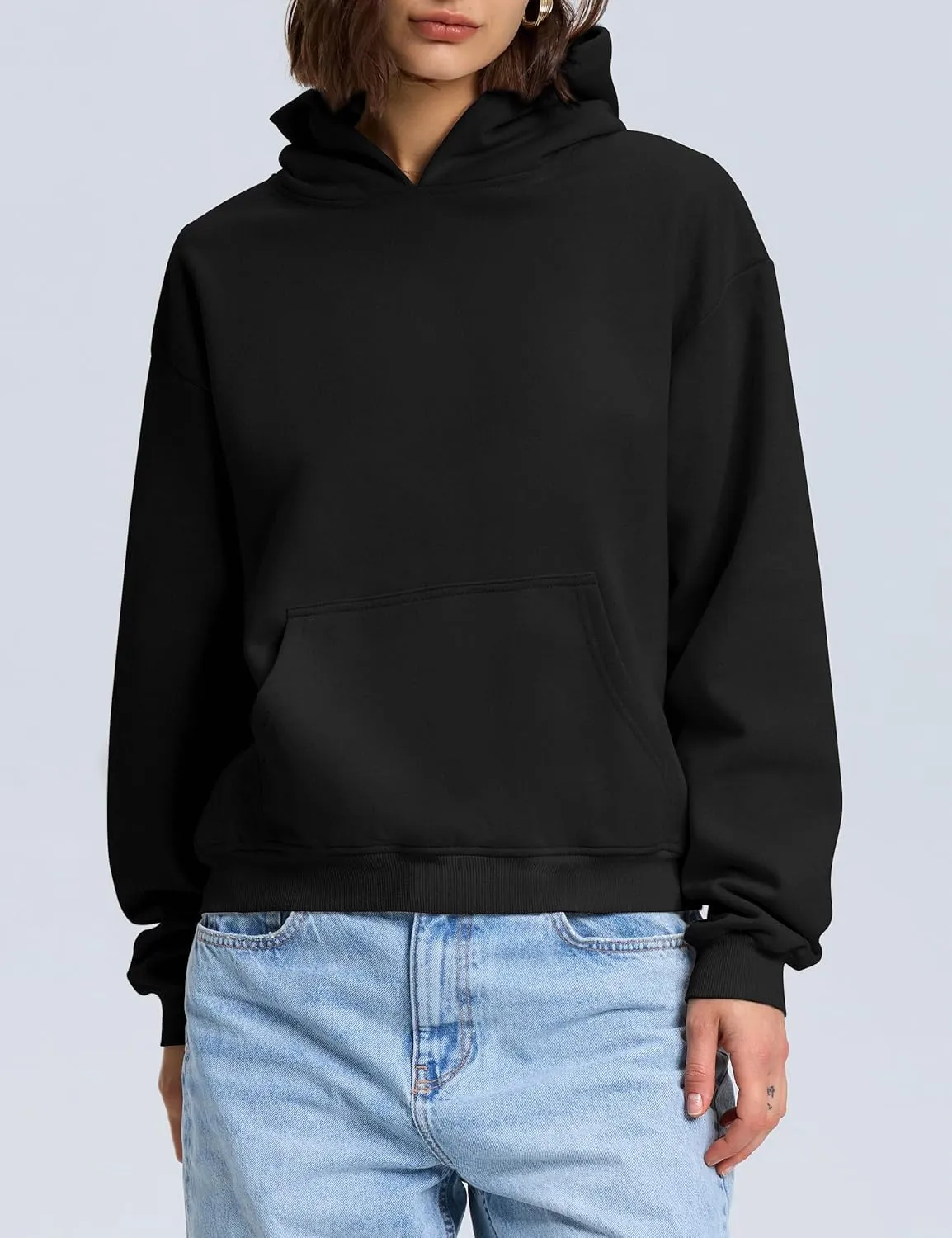 PrettyGuide Women's Oversized Hoodie Fleece Cropped Sweatshirt Long Sleeve Lightweight Pullover with Pocket