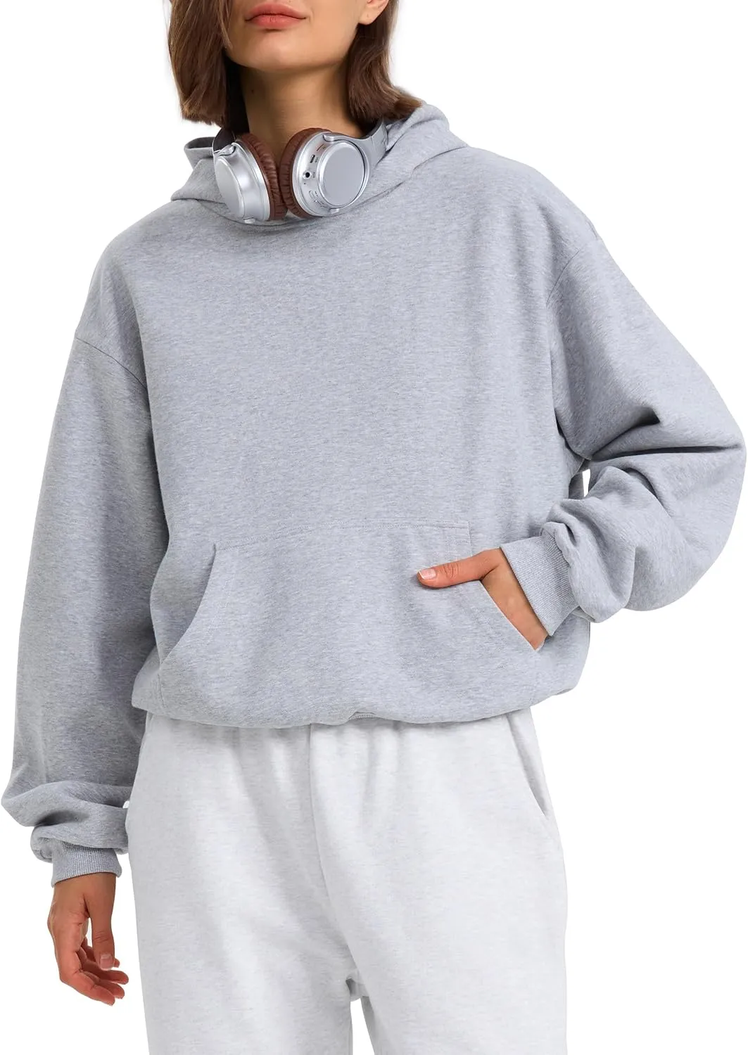 PrettyGuide Women's Oversized Hoodie Fleece Cropped Sweatshirt Long Sleeve Lightweight Pullover with Pocket