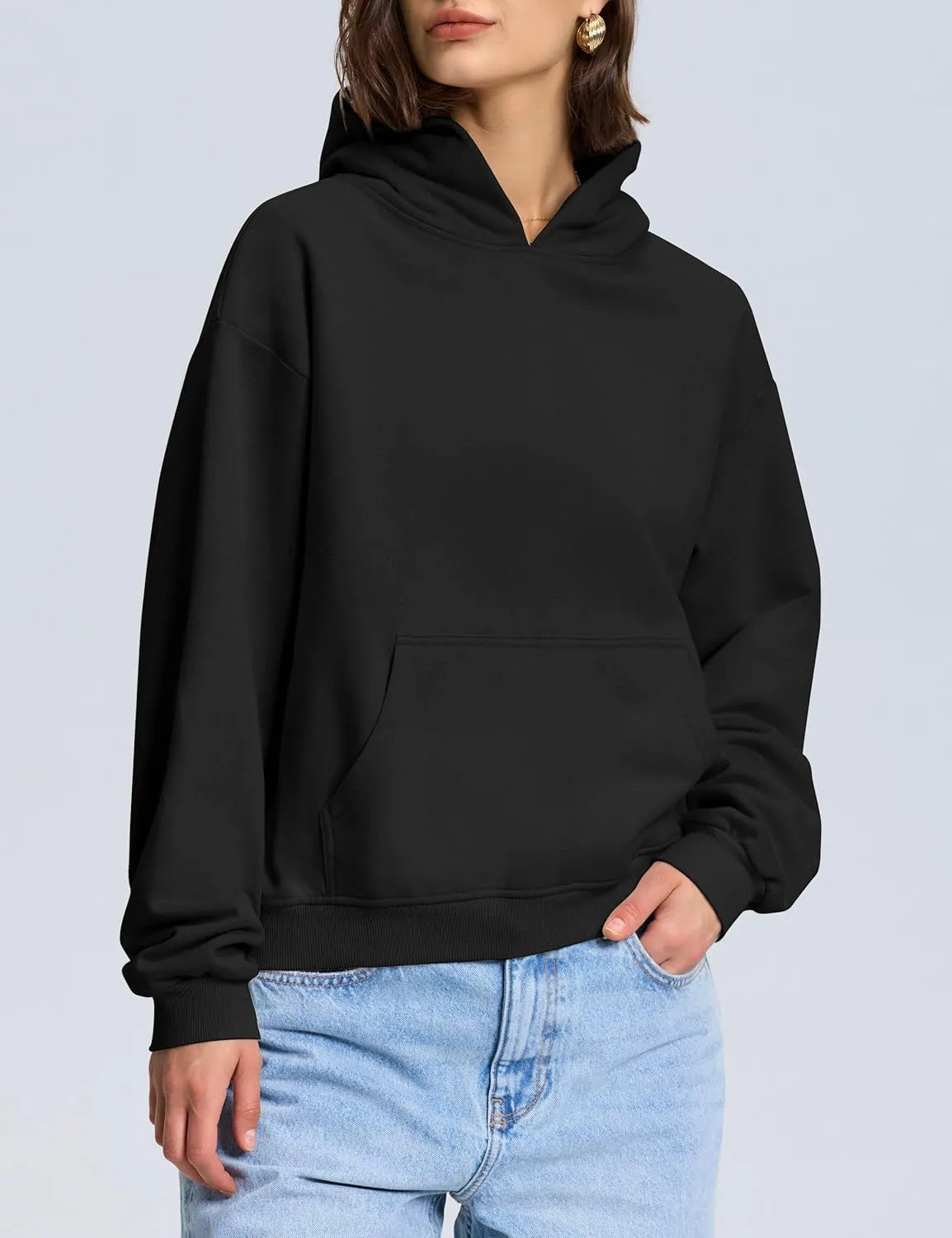 PrettyGuide Women's Oversized Hoodie Fleece Cropped Sweatshirt Long Sleeve Lightweight Pullover with Pocket