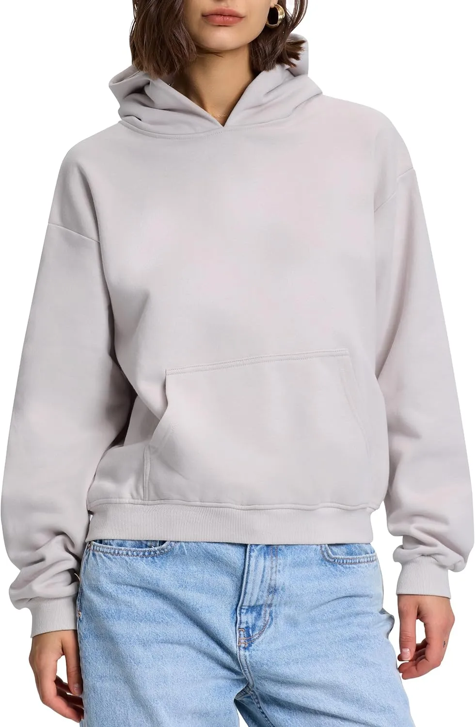 PrettyGuide Women's Oversized Hoodie Fleece Cropped Sweatshirt Long Sleeve Lightweight Pullover with Pocket