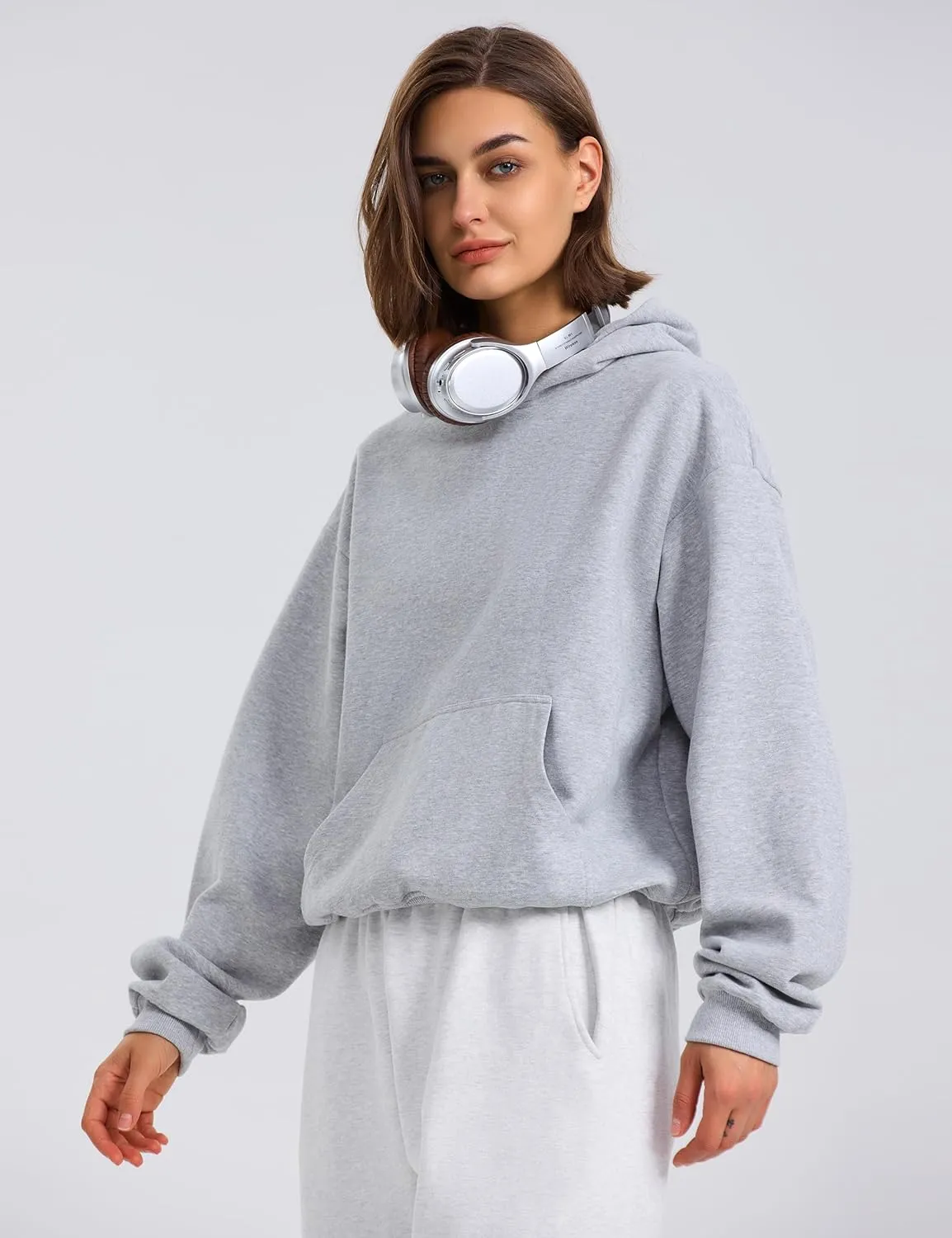 PrettyGuide Women's Oversized Hoodie Fleece Cropped Sweatshirt Long Sleeve Lightweight Pullover with Pocket