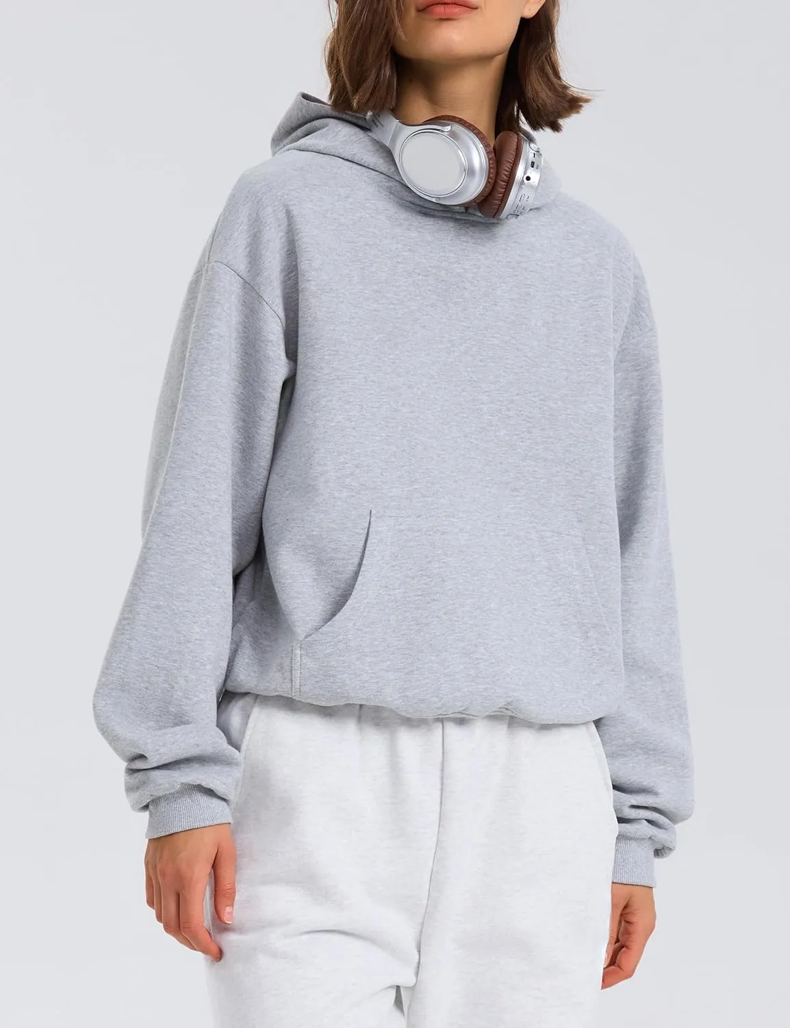 PrettyGuide Women's Oversized Hoodie Fleece Cropped Sweatshirt Long Sleeve Lightweight Pullover with Pocket