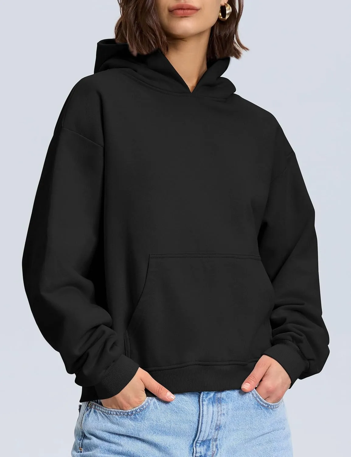 PrettyGuide Women's Oversized Hoodie Fleece Cropped Sweatshirt Long Sleeve Lightweight Pullover with Pocket