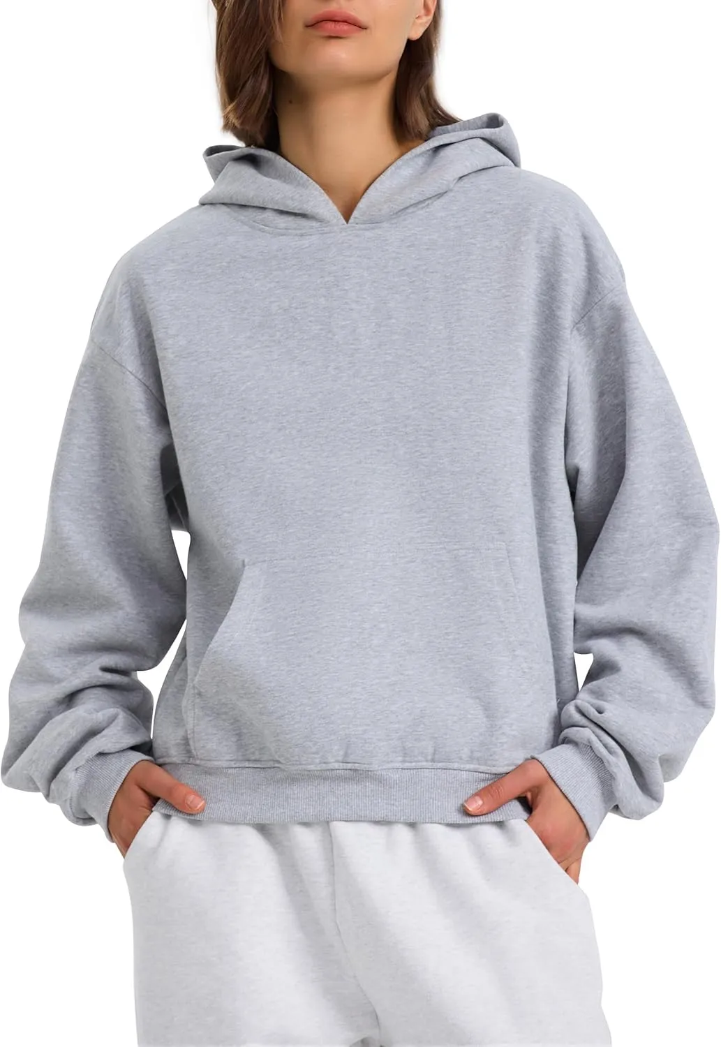 PrettyGuide Women's Oversized Hoodie Fleece Cropped Sweatshirt Long Sleeve Lightweight Pullover with Pocket