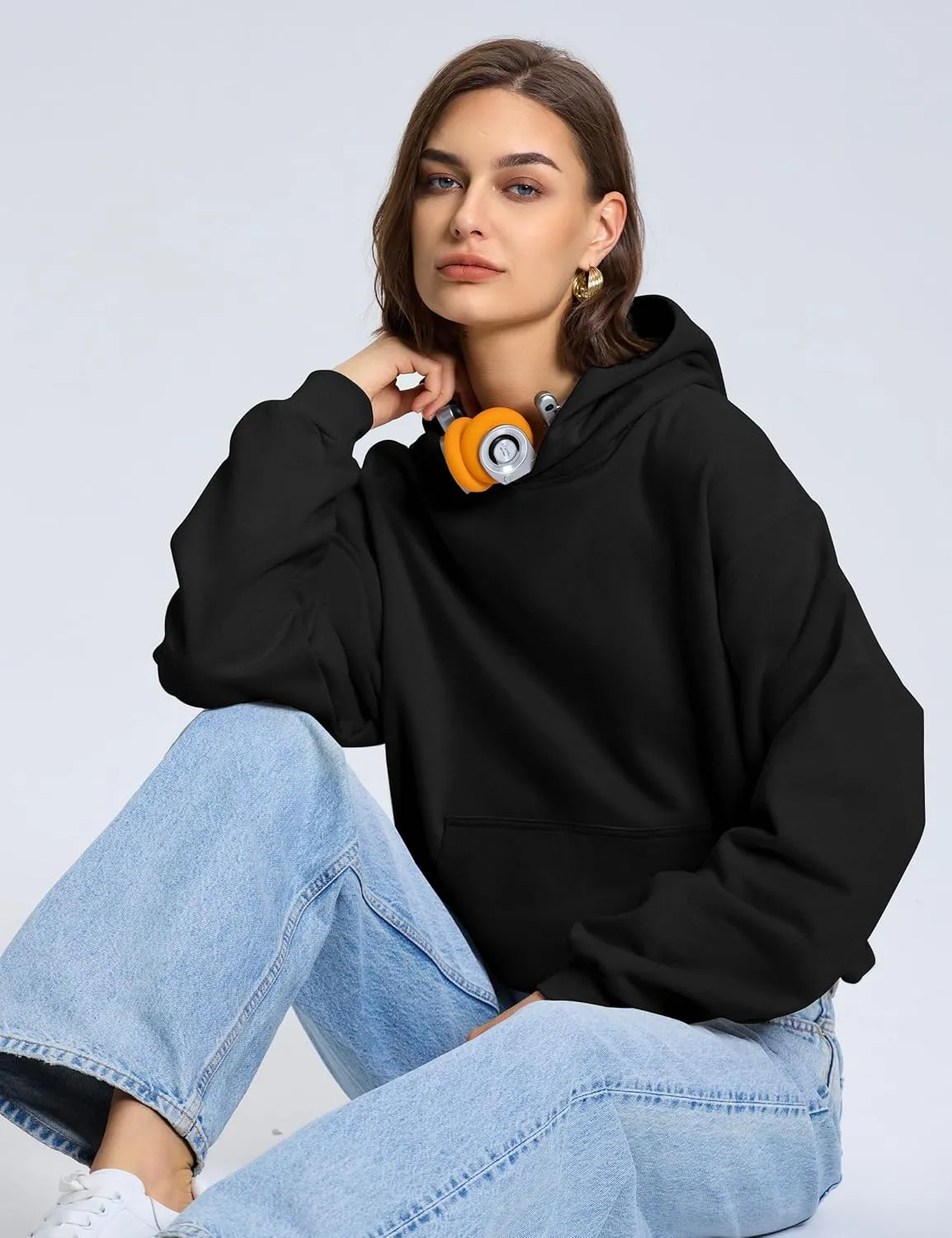 PrettyGuide Women's Oversized Hoodie Fleece Cropped Sweatshirt Long Sleeve Lightweight Pullover with Pocket