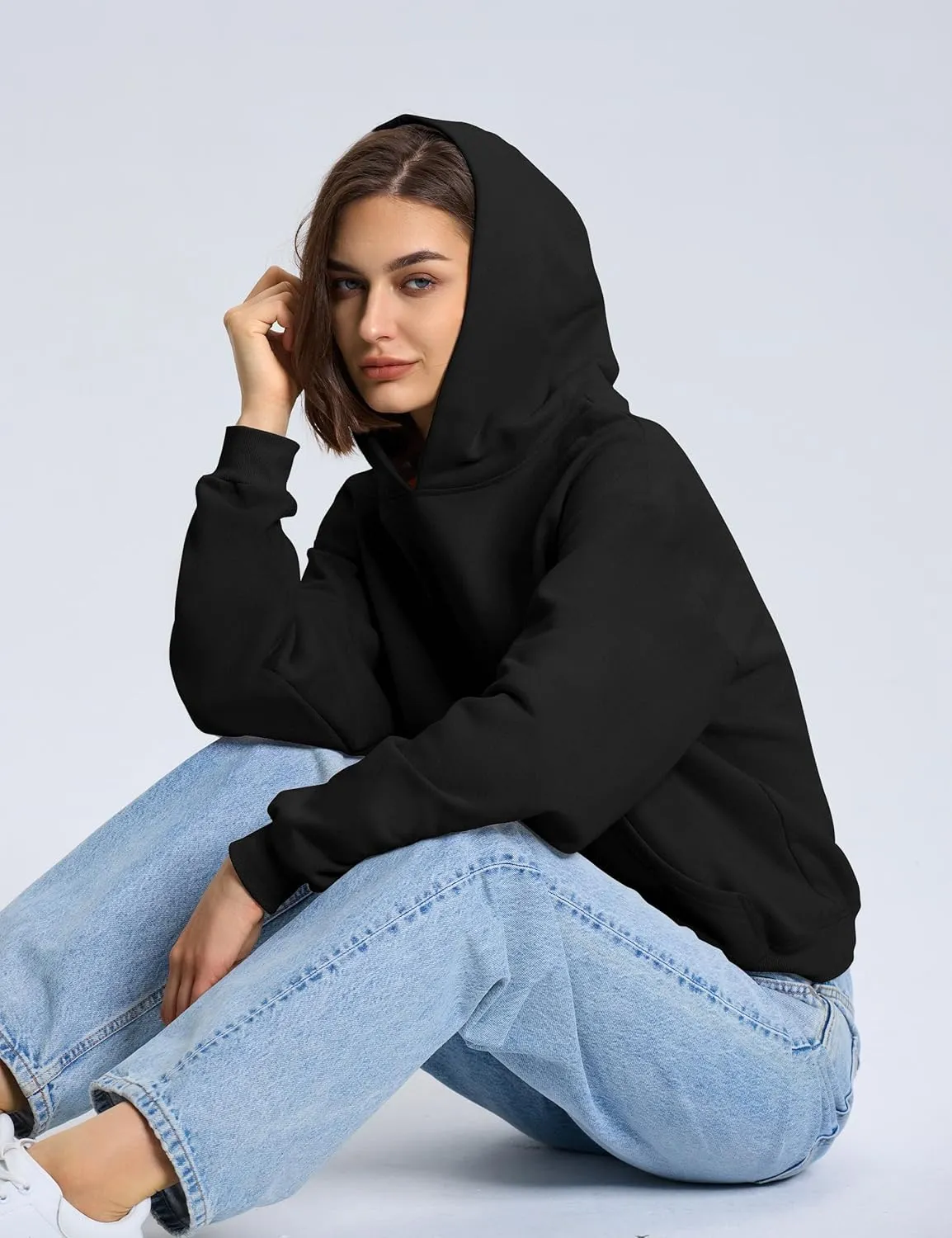 PrettyGuide Women's Oversized Hoodie Fleece Cropped Sweatshirt Long Sleeve Lightweight Pullover with Pocket