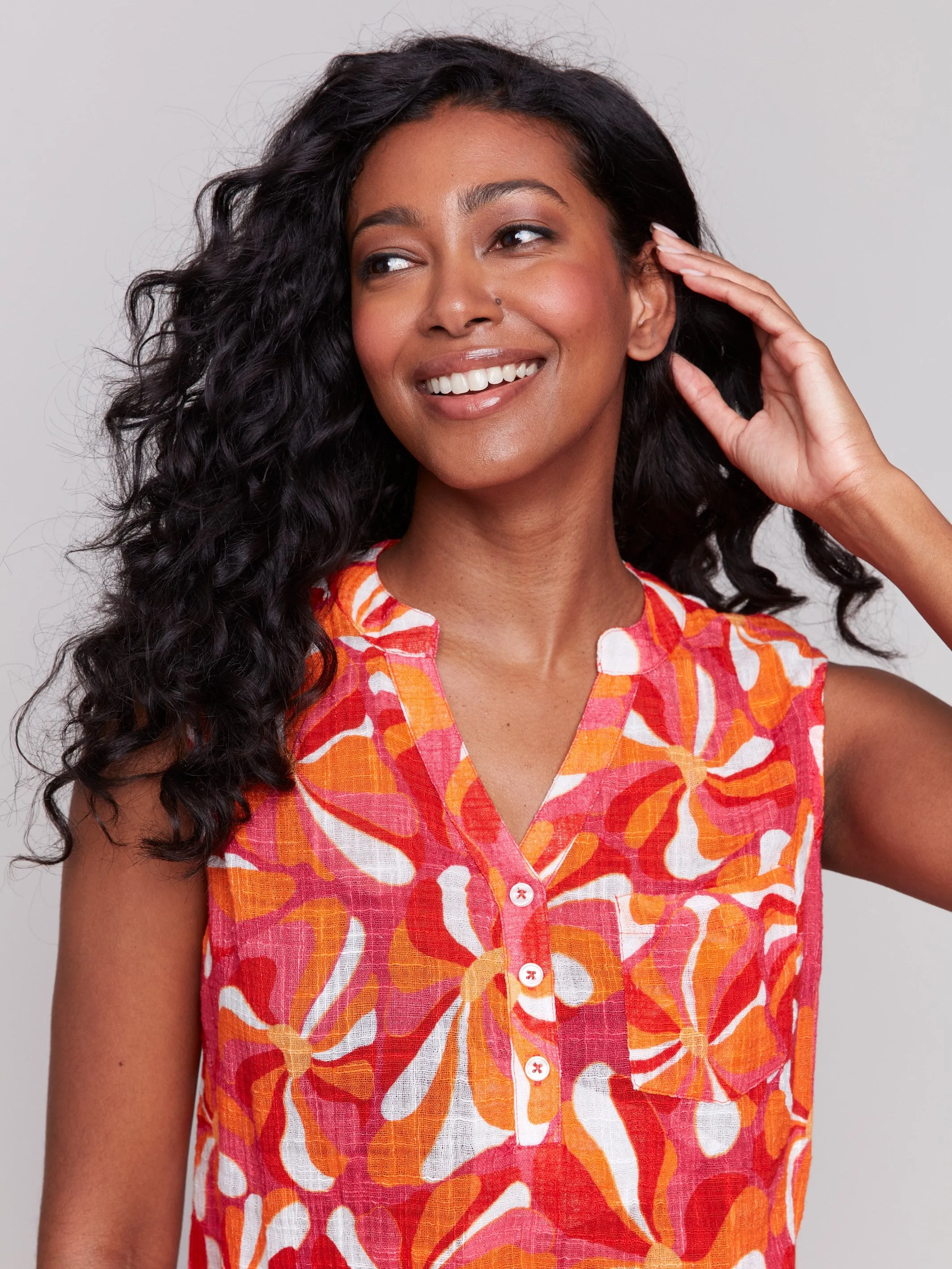 Printed Cotton Gauze Sleeveless Shirt - Groovy