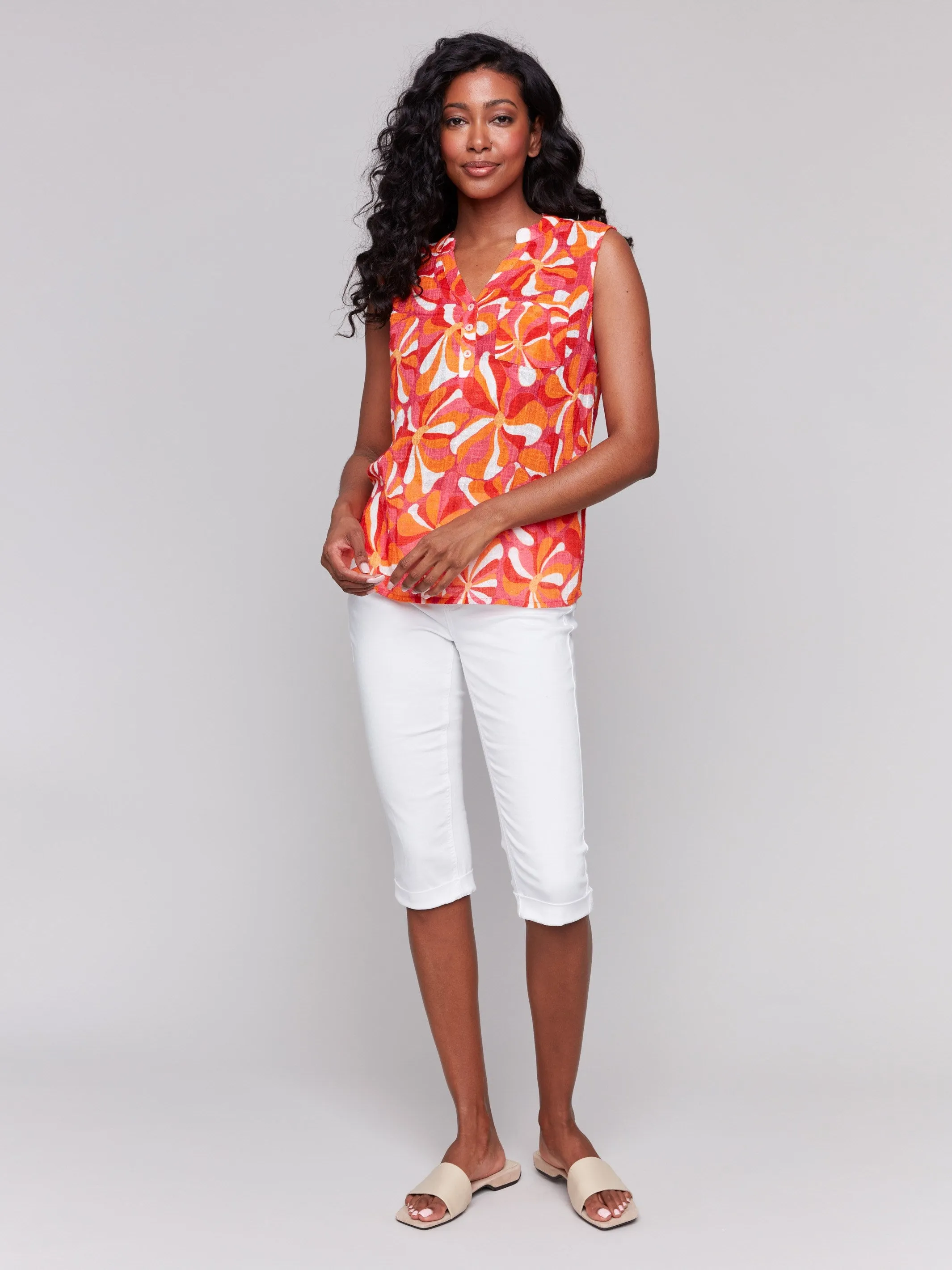 Printed Cotton Gauze Sleeveless Shirt - Groovy