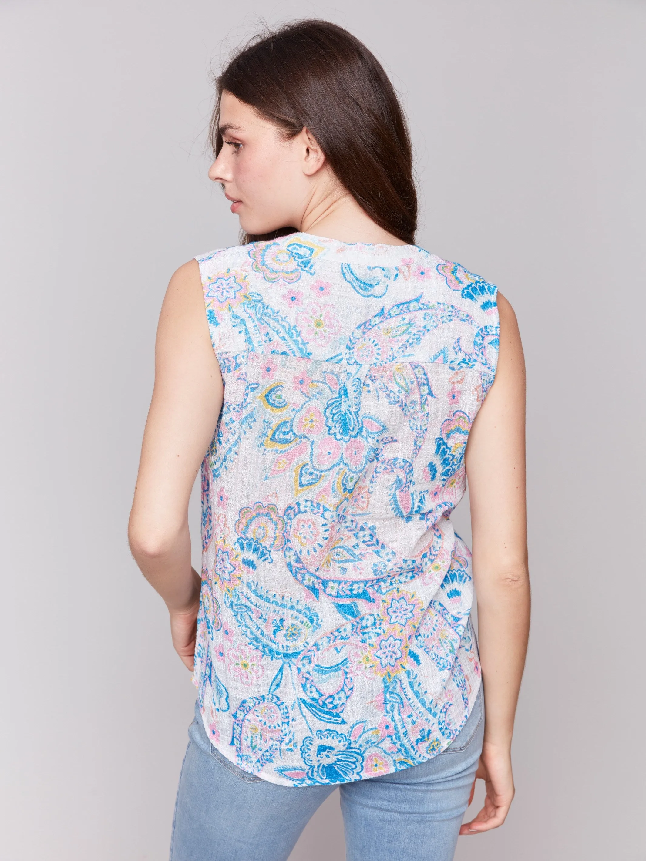 Printed Cotton Gauze Sleeveless Shirt - Paisley