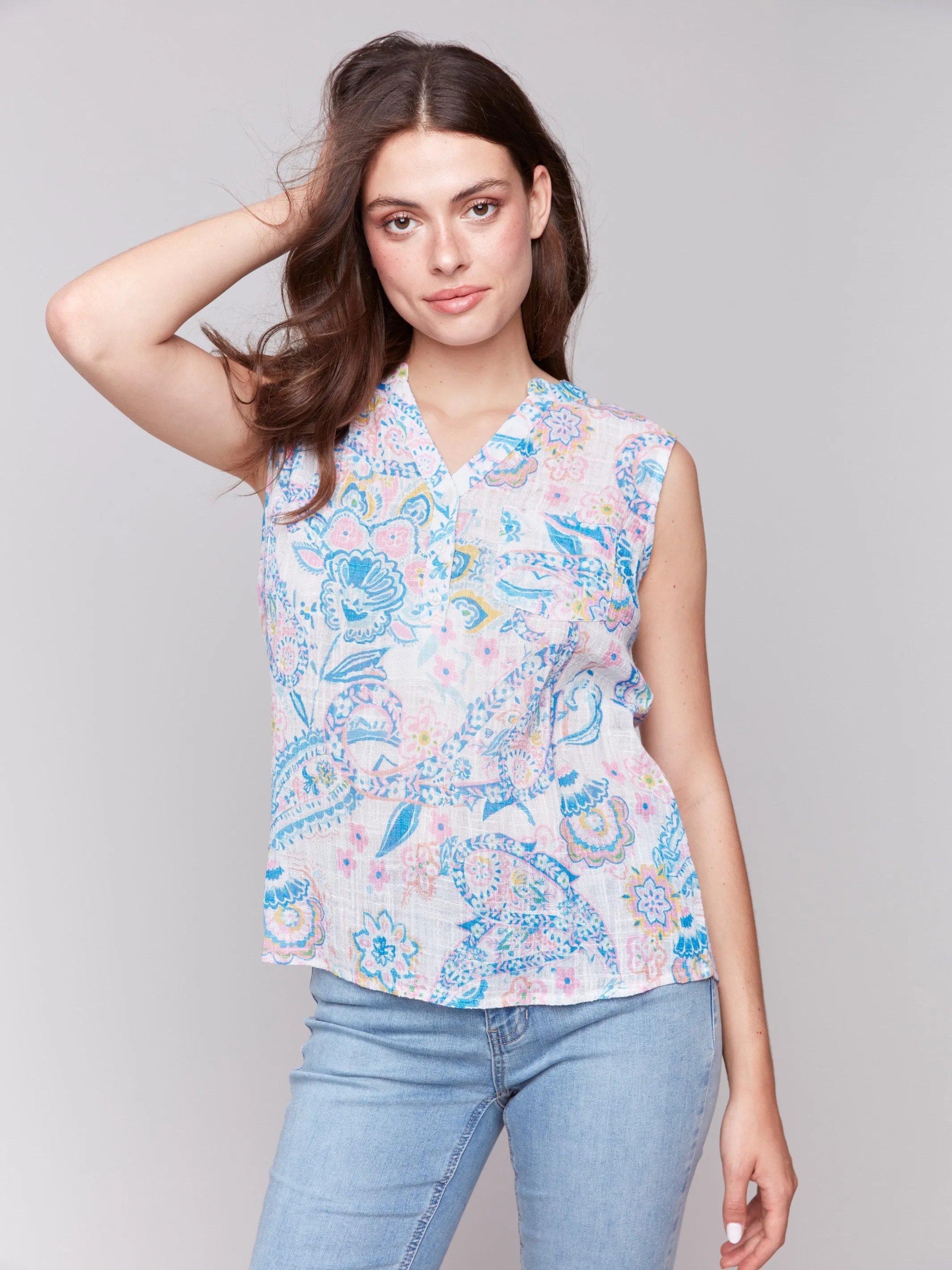 Printed Cotton Gauze Sleeveless Shirt - Paisley
