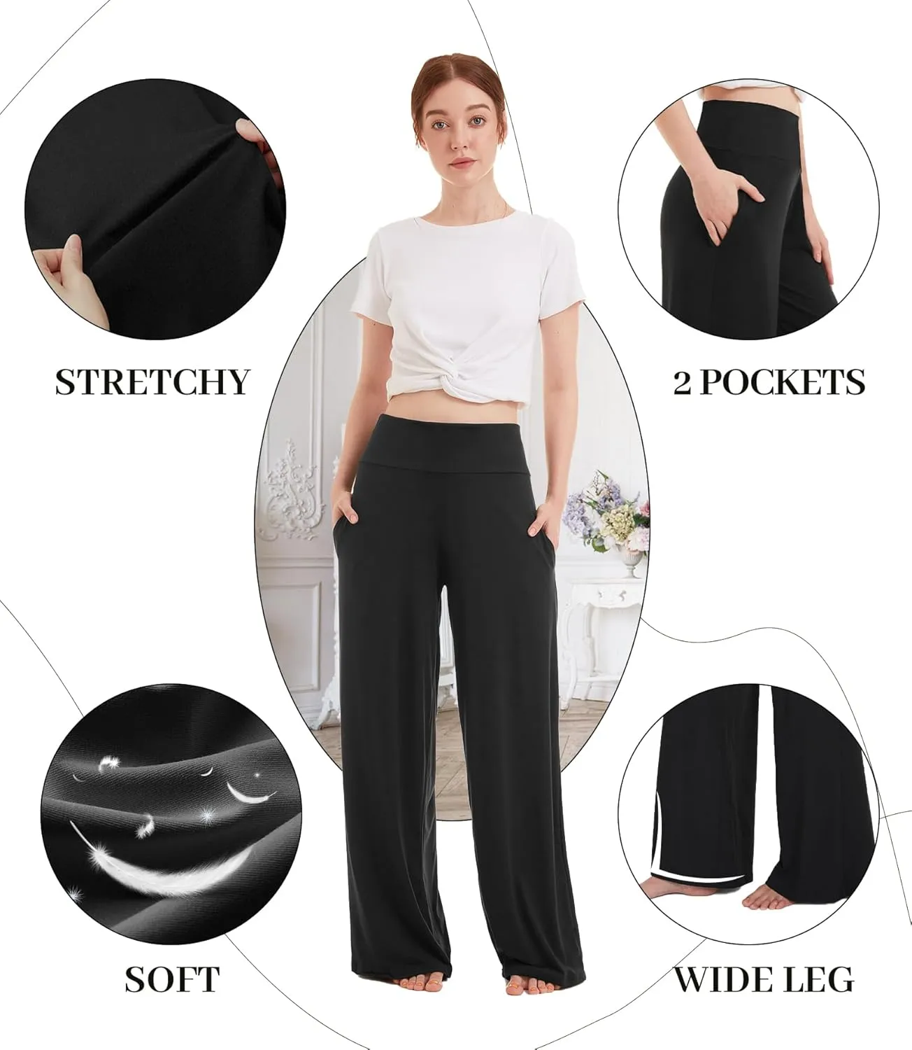QGGQDD Wide Leg Palazzo Pants for Women - Casual Soft High Waist Lounge Pants Loose Comfy Stretchy Trousers