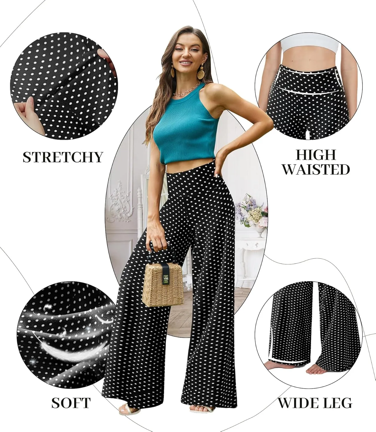 QGGQDD Wide Leg Palazzo Pants for Women - Casual Soft High Waist Lounge Pants Loose Comfy Stretchy Trousers