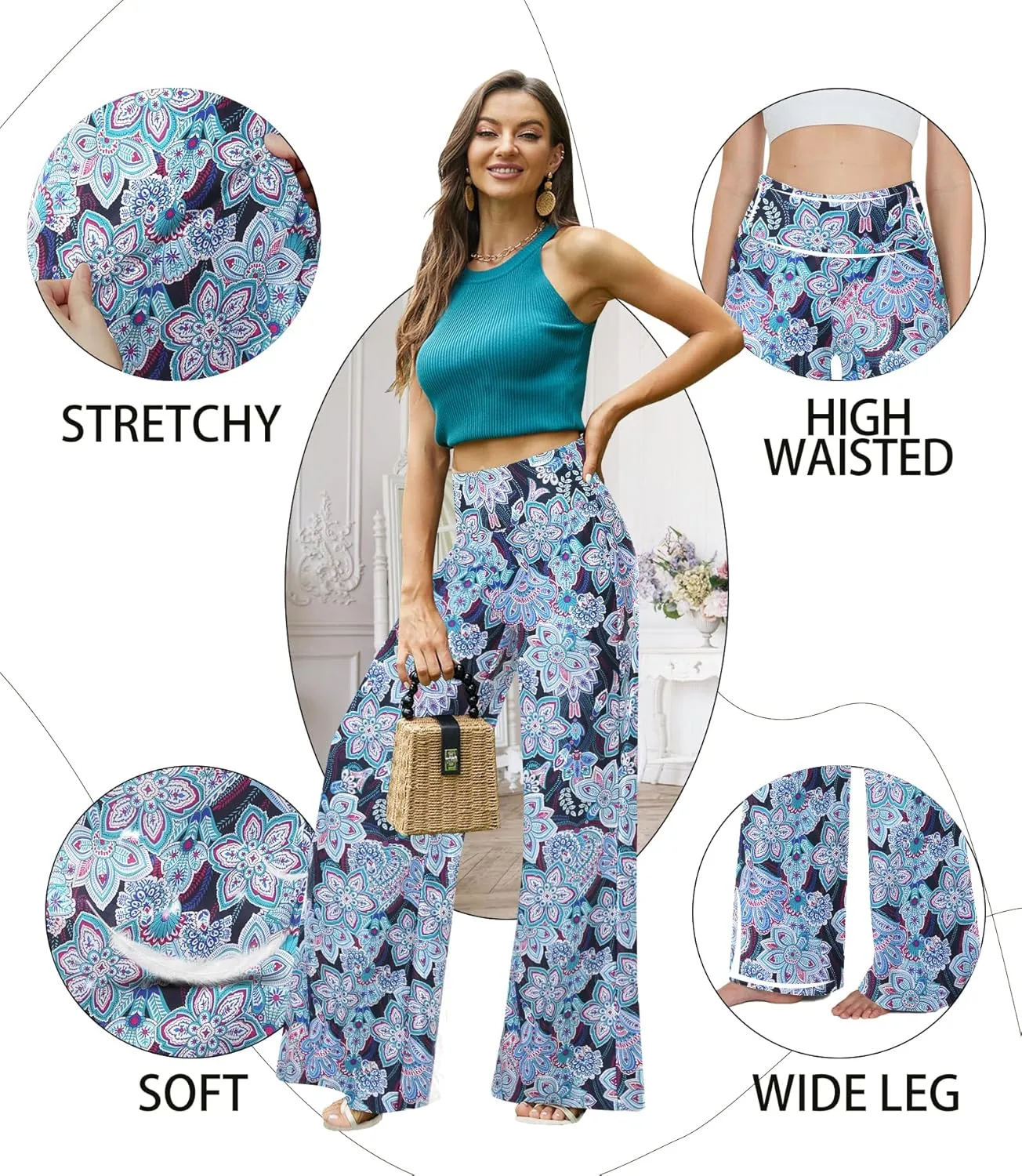 QGGQDD Wide Leg Palazzo Pants for Women - Casual Soft High Waist Lounge Pants Loose Comfy Stretchy Trousers