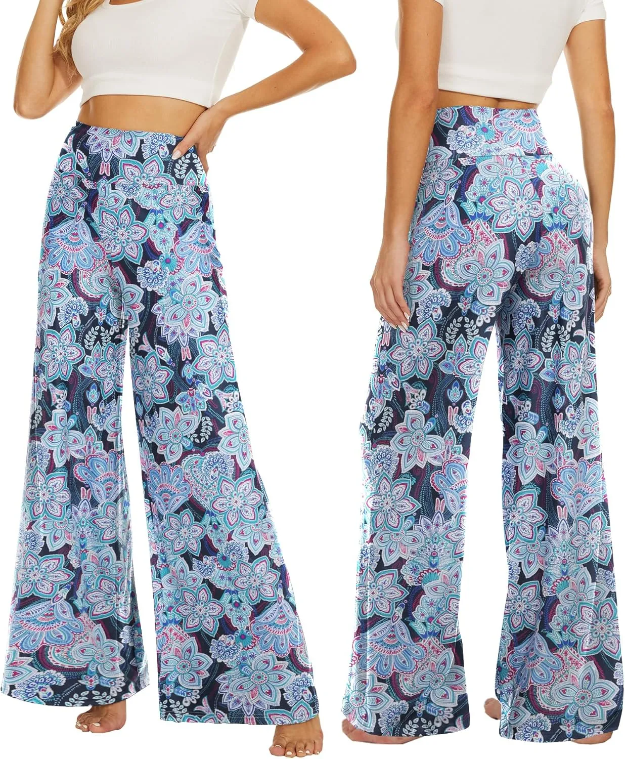 QGGQDD Wide Leg Palazzo Pants for Women - Casual Soft High Waist Lounge Pants Loose Comfy Stretchy Trousers