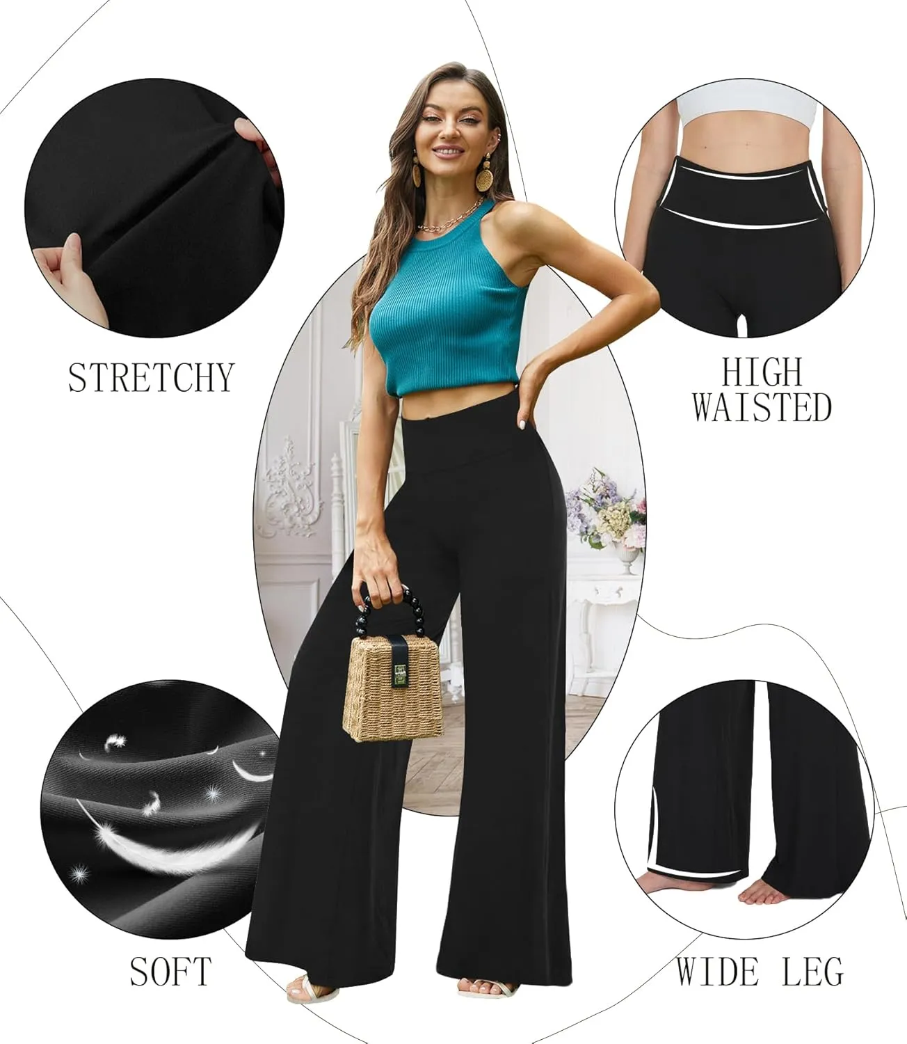QGGQDD Wide Leg Palazzo Pants for Women - Casual Soft High Waist Lounge Pants Loose Comfy Stretchy Trousers