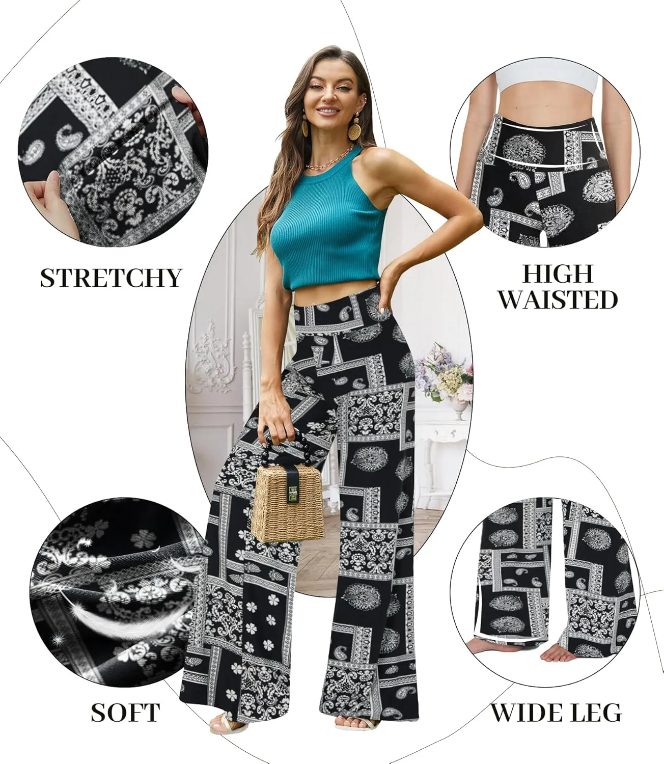 QGGQDD Wide Leg Palazzo Pants for Women - Casual Soft High Waist Lounge Pants Loose Comfy Stretchy Trousers