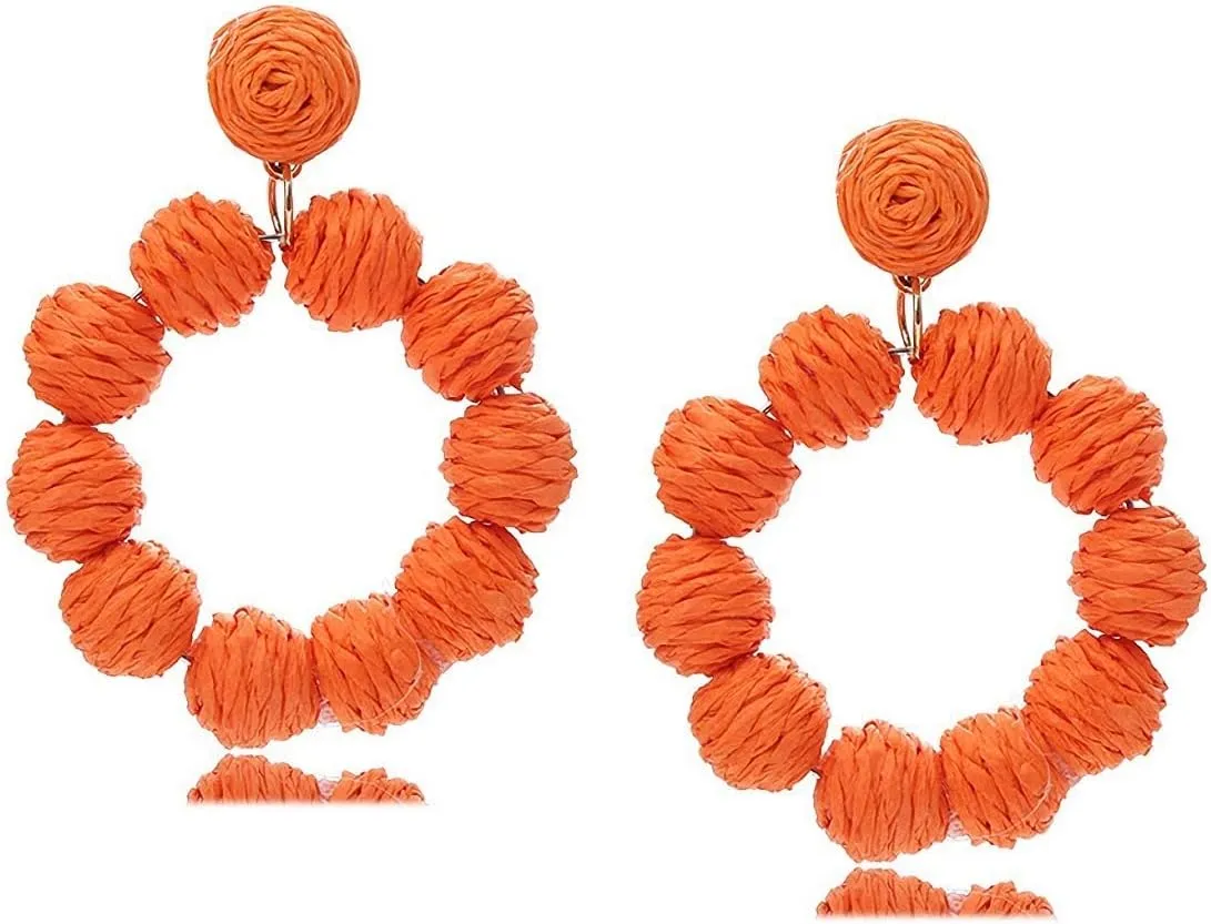 Raffia Rattan Hoop Dangle Earrings Round Circle Ball Straw Earrings for Women Hypoallergenic Handmade Bohemia Braid Straw Wicker Raffia Earrings