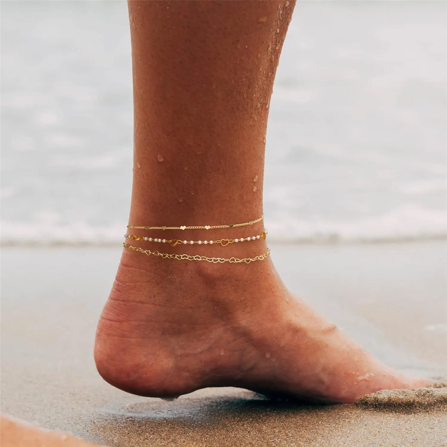 Raicegs Layered Anklet Bracelets for Women 18K Gold Anklets Dainty Chain Pearl Beads Anklet Beach Jewelry Gift for Women Girl